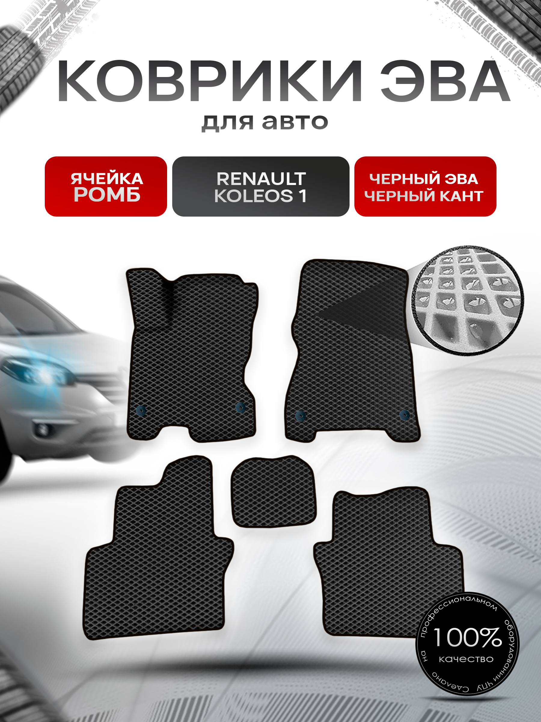 Коврики ЭВА Ромб для авто Рено Ренаулт Колеос / Renault Koleos 1 2008-2016 Г.В. Чёрный с Чёрным кантом. Ричмарк — фото 1