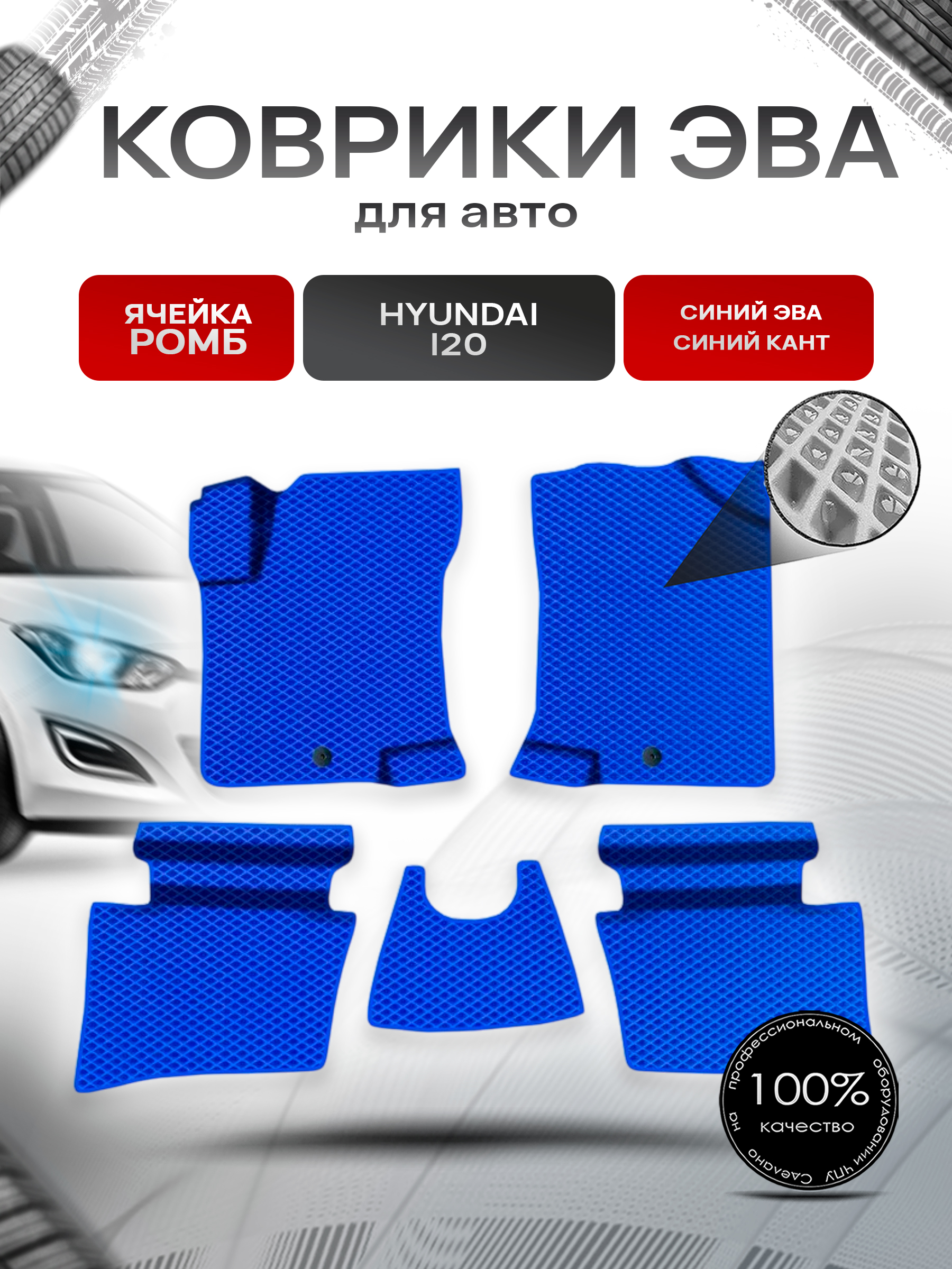 Коврики ЭВА Ромб для авто Хюндай / Hyundai I20 2008-2014 Г.В. Синий с Синим кантом. Ричмарк — фото 1