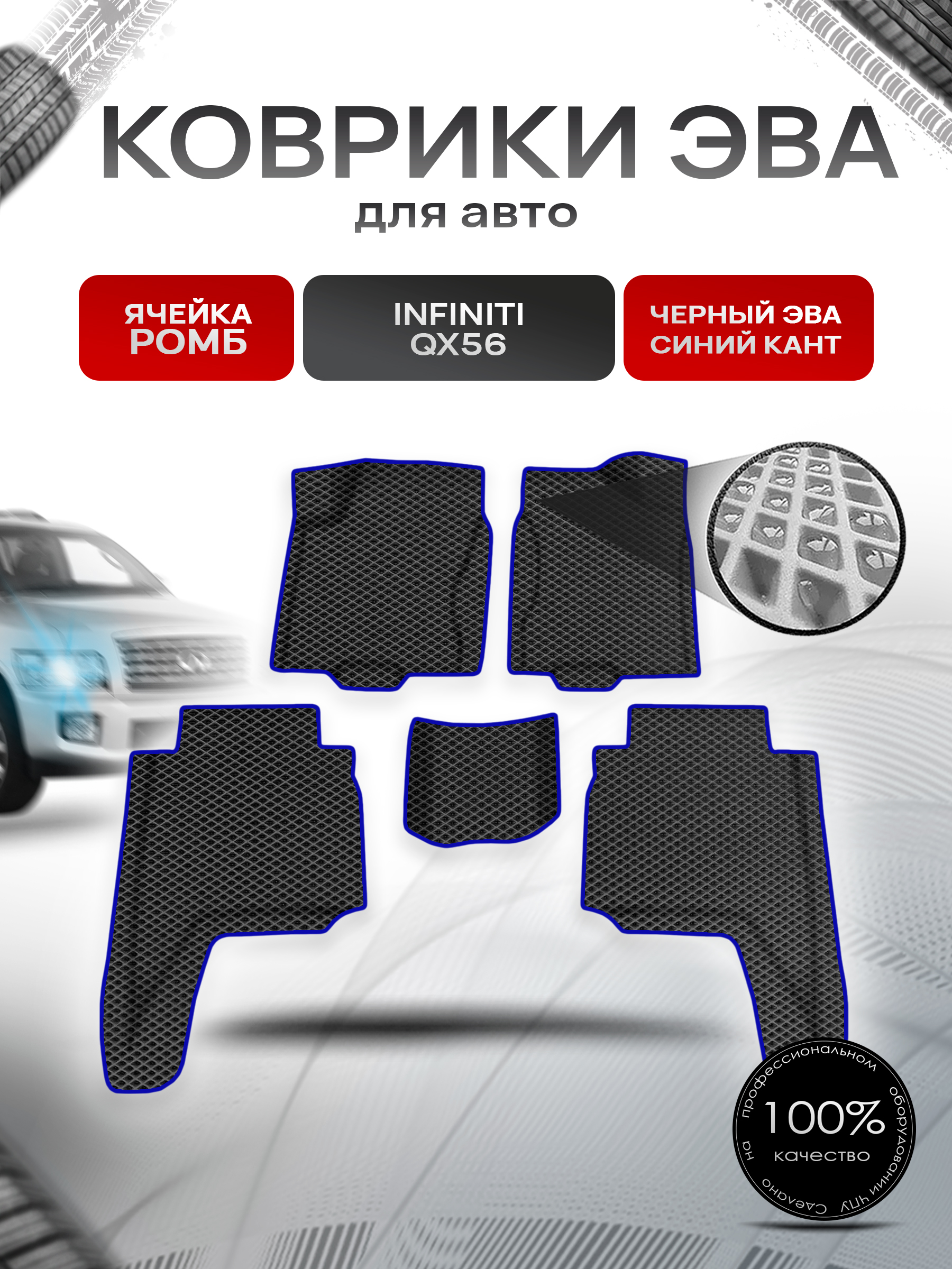 Коврики ЭВА Ромб для авто Инфинити / Infiniti QX56 2004-2010 Г.В. Чёрный с Синим кантом. Ричмарк — фото 1