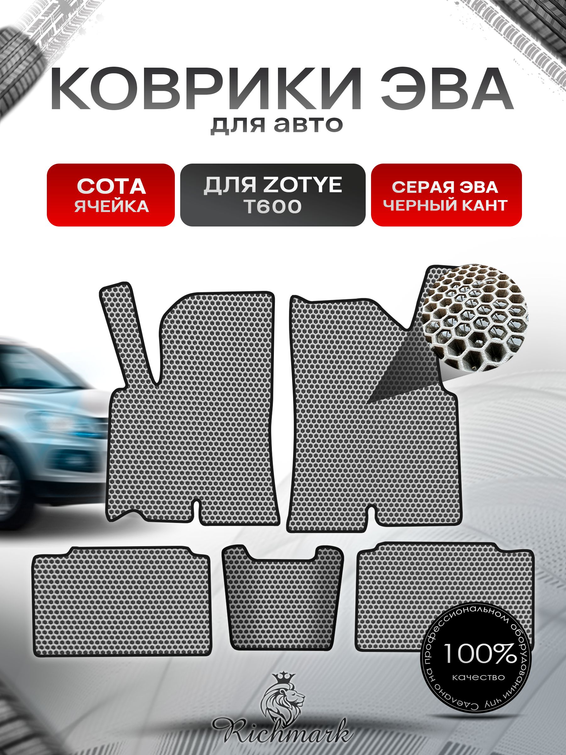 Коврики ЭВА СОТА для автомобиля Zotye T600 2013-2022 / Зоти Т600 Серый С Чёрным Кантом. Ричмарк — фото 1
