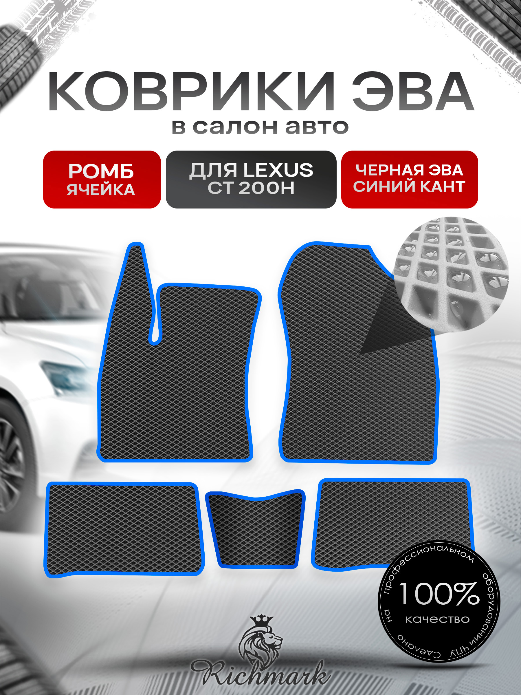 Коврики ЭВА РОМБ для автомобиля Lexus CT200h 2010-2022 / Лексус СТ200 Чёрный С Синим Кантом. Ричмарк — фото 1