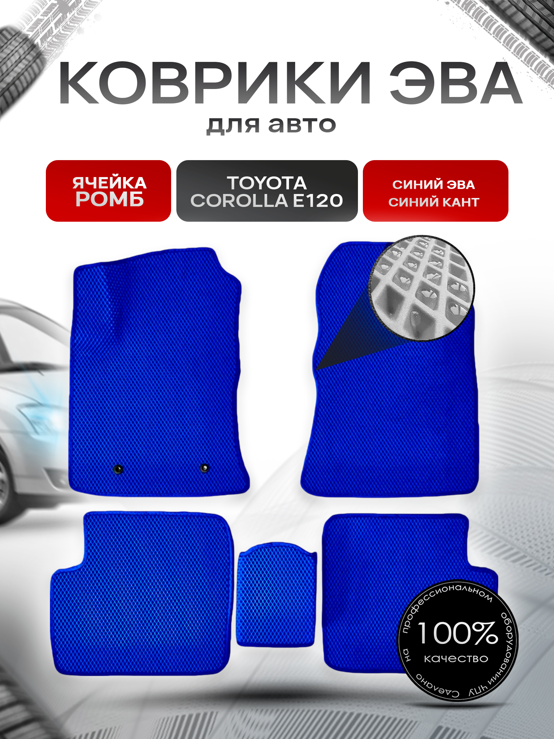 Коврики ЭВА для авто Toyota Corolla / Тойота Королла E120-E130 Леворульная 2001-2006 Г.В. Синий С Синим Кантом. Ричмарк — фото 1