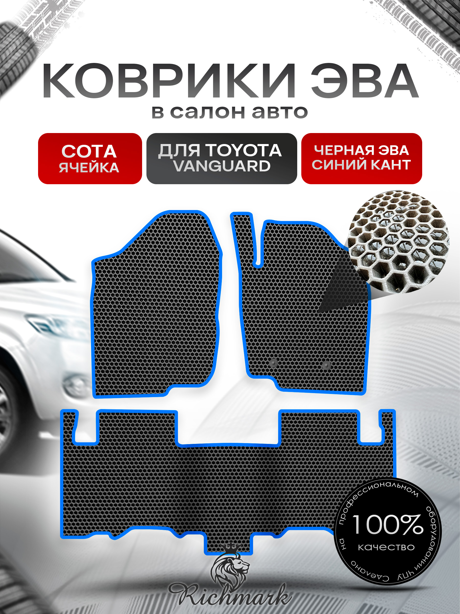 Коврики ЭВА СОТА для автомобиля Toyota Vanguard 2007-2013 (правый руль) / Тойота Вангвард Чёрный С Синим Кантом. Ричмарк — фото 1