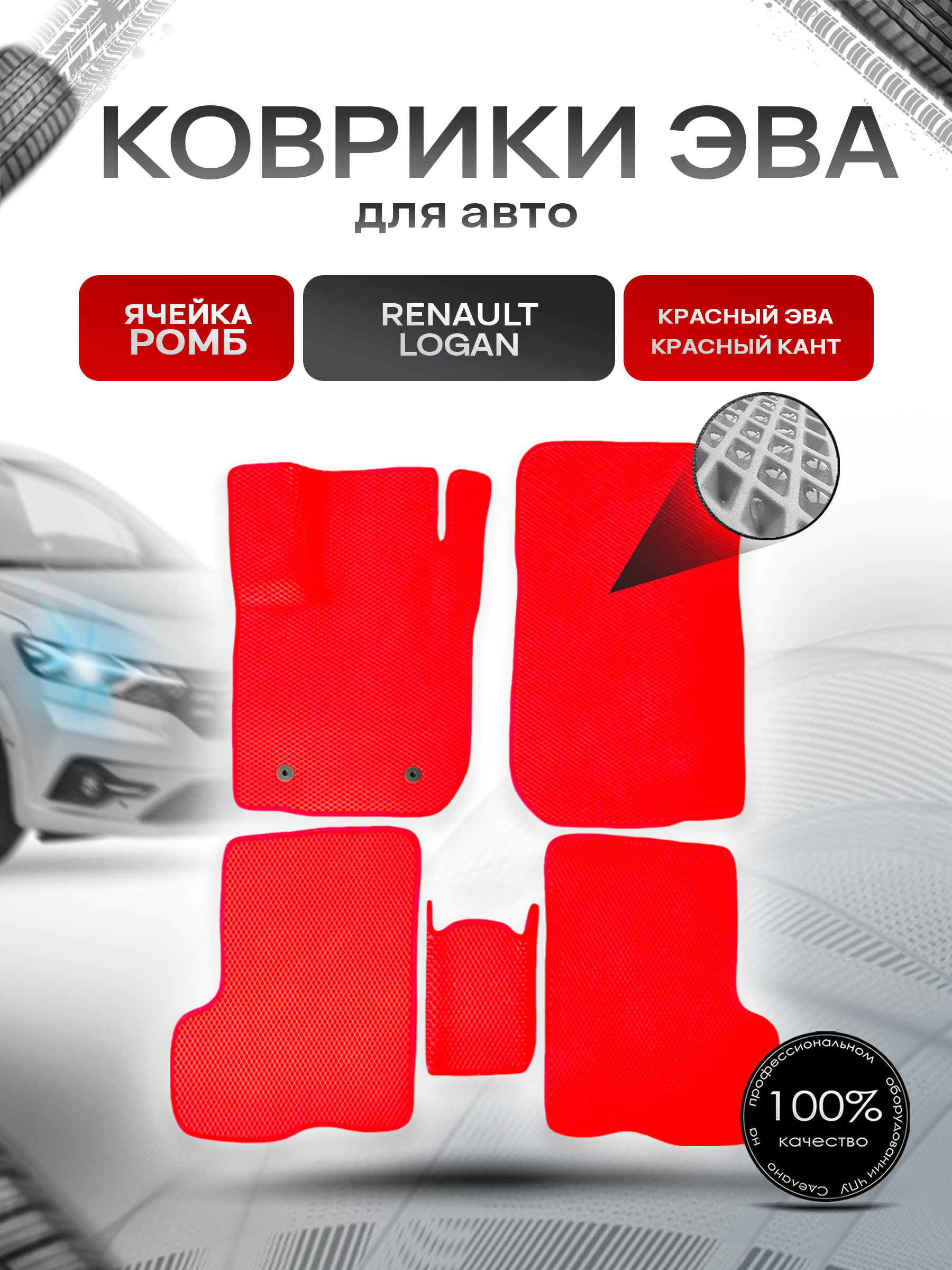 Коврики ЭВА для авто Renault Logan / Рено Логан 2014-2023 Красный С Красным Кантом. Ричмарк — фото 1