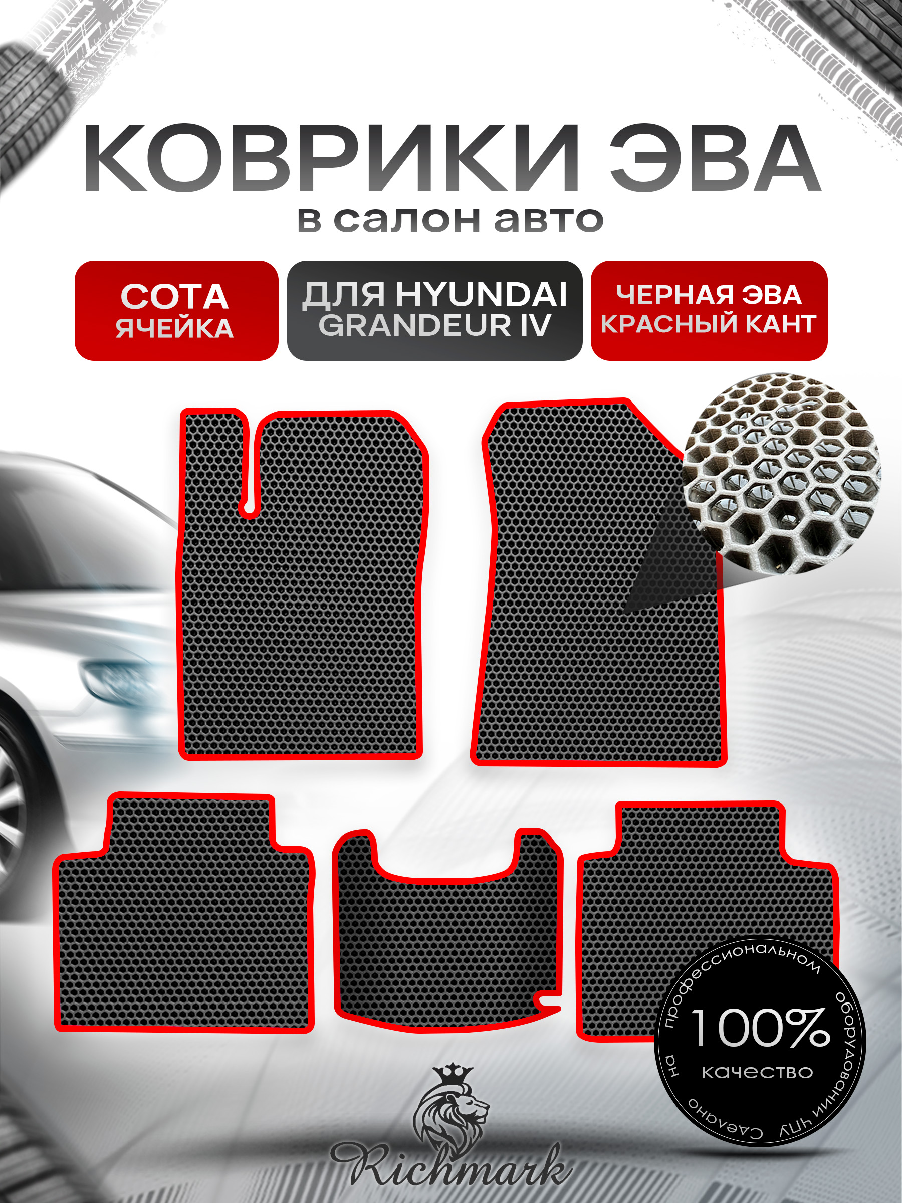 Коврики ЭВА СОТА для автомобиля Hyundai Grandeur 4 2005-2011 / Хендай Грандер 4 Чёрный С Красным Кантом. Ричмарк — фото 1
