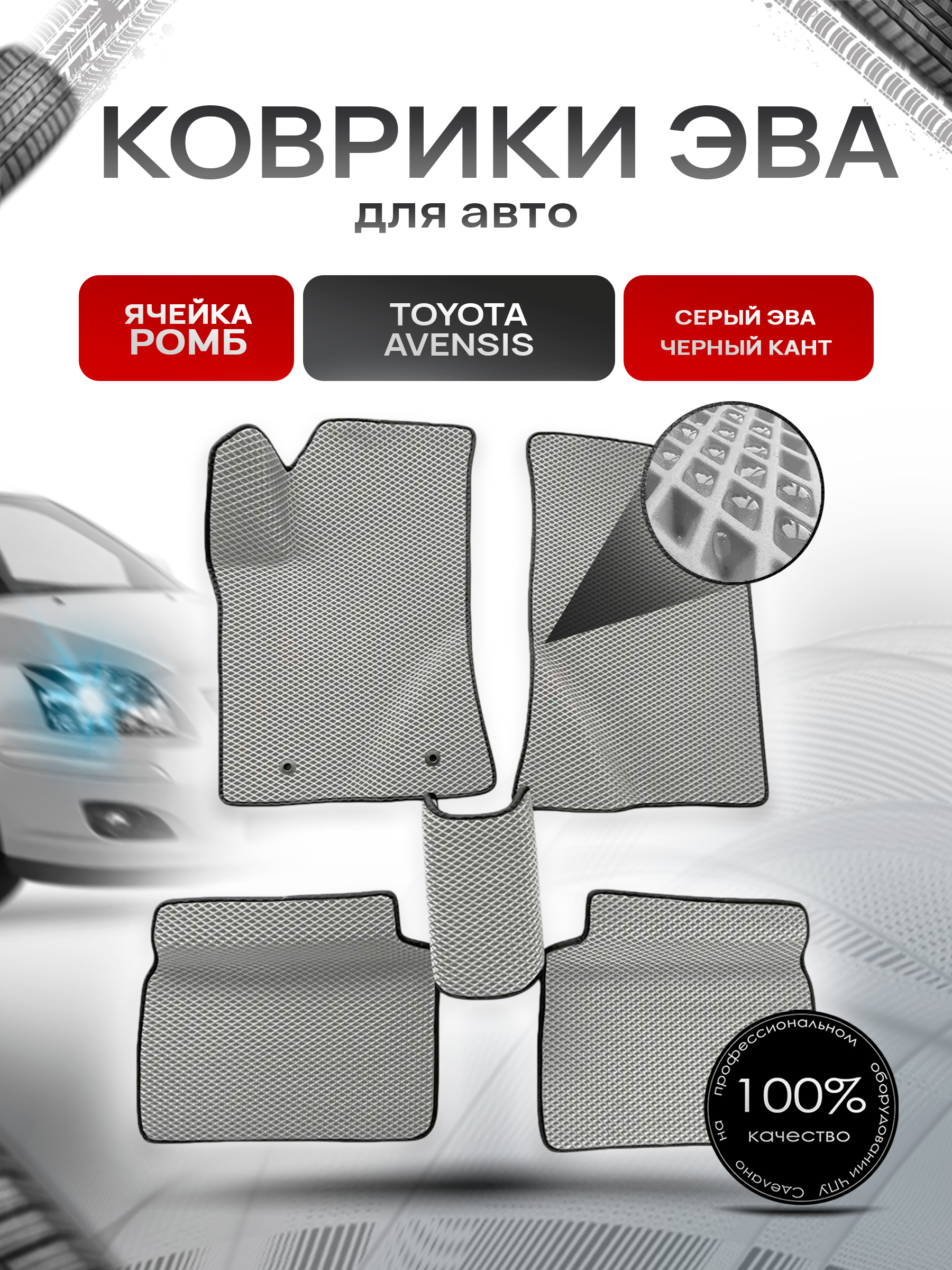 Коврики ЭВА для авто Toyota Avensis / Тойота Авенсис Леворульный 2003-2009 Г.В. Серый С Чёрным Кантом. Ричмарк — фото 1