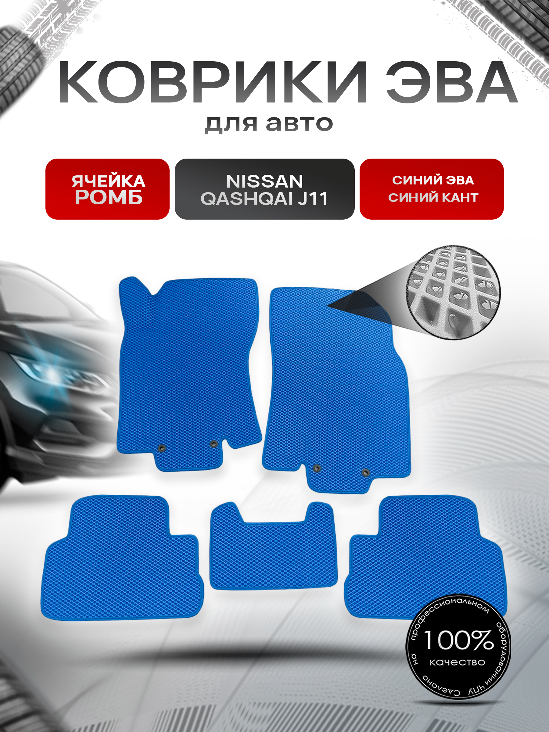 Коврики ЭВА Ромб для авто Nissan Qashqai / Ниссан Кашкай (Российская сборка) J11 2013-2021 Г.В. Синий с Синим кантом. Ричмарк — фото 1