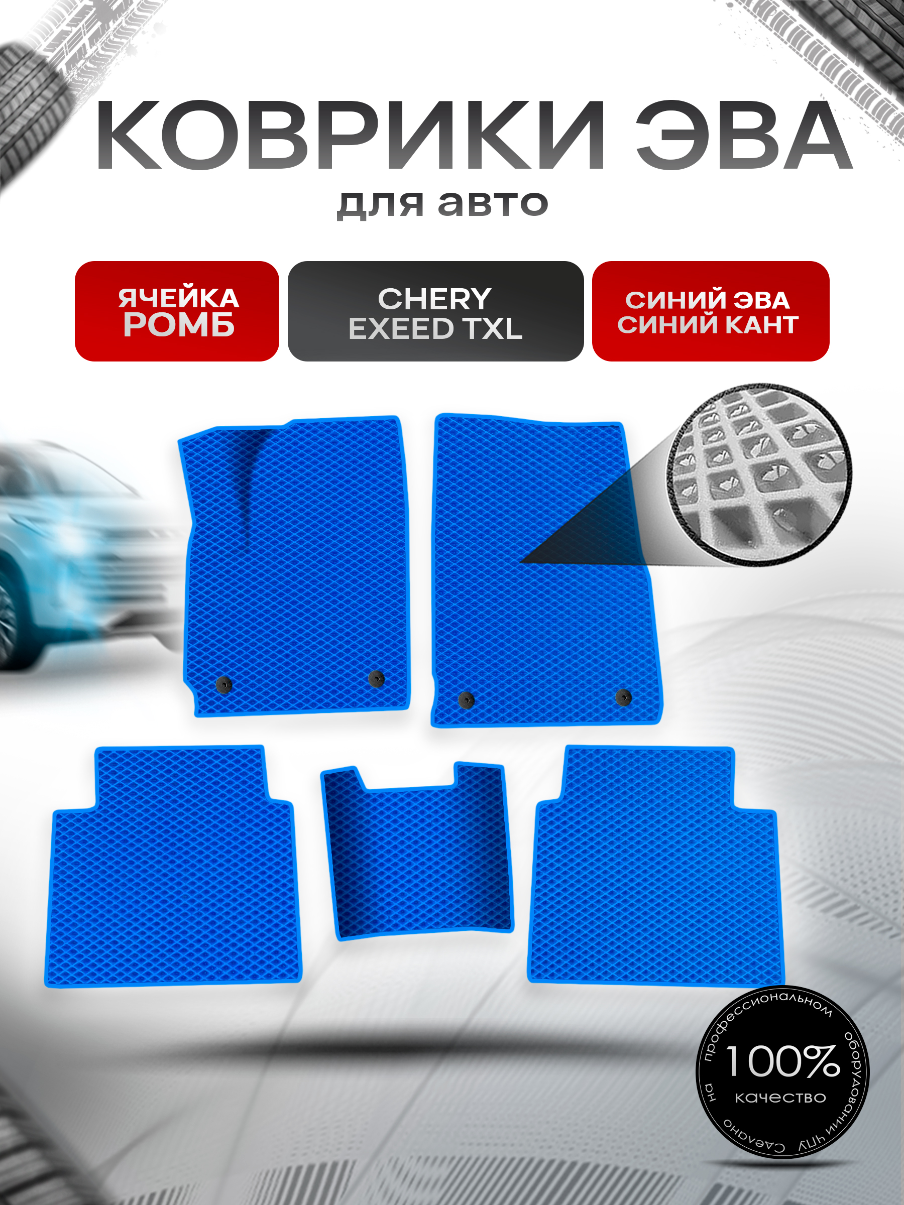 Коврики ЭВА Ромб для авто Chery Exeed TXL / Черри Эксид ТХЛ Г.В. Синий с Синим кантом. Ричмарк — фото 1