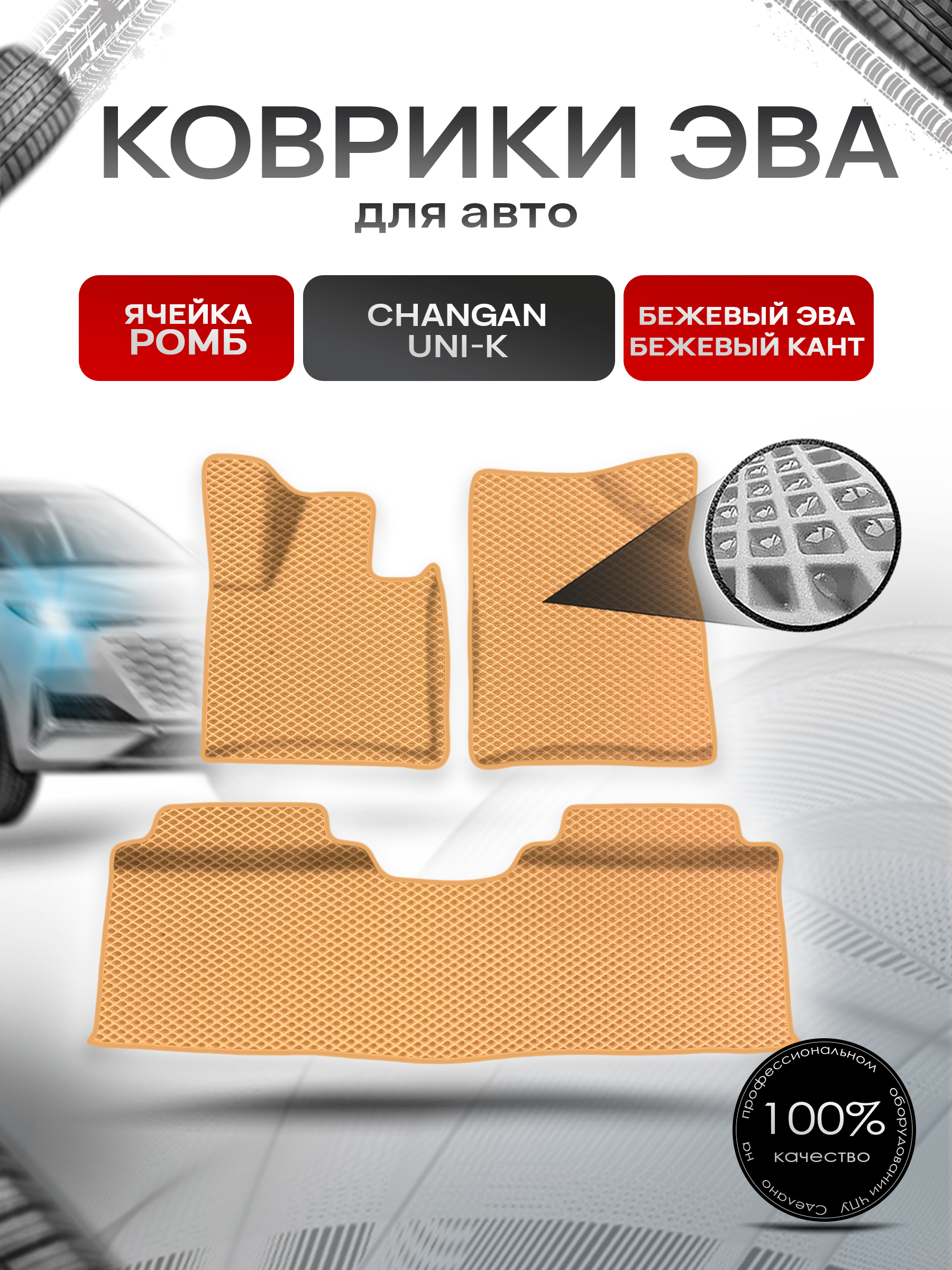 Коврики ЭВА Ромб для авто Changan UNI-K / Чанган УНИ-К 2022+ (с бортами) Бежевый с Бежевым кантом. Ричмарк — фото 1