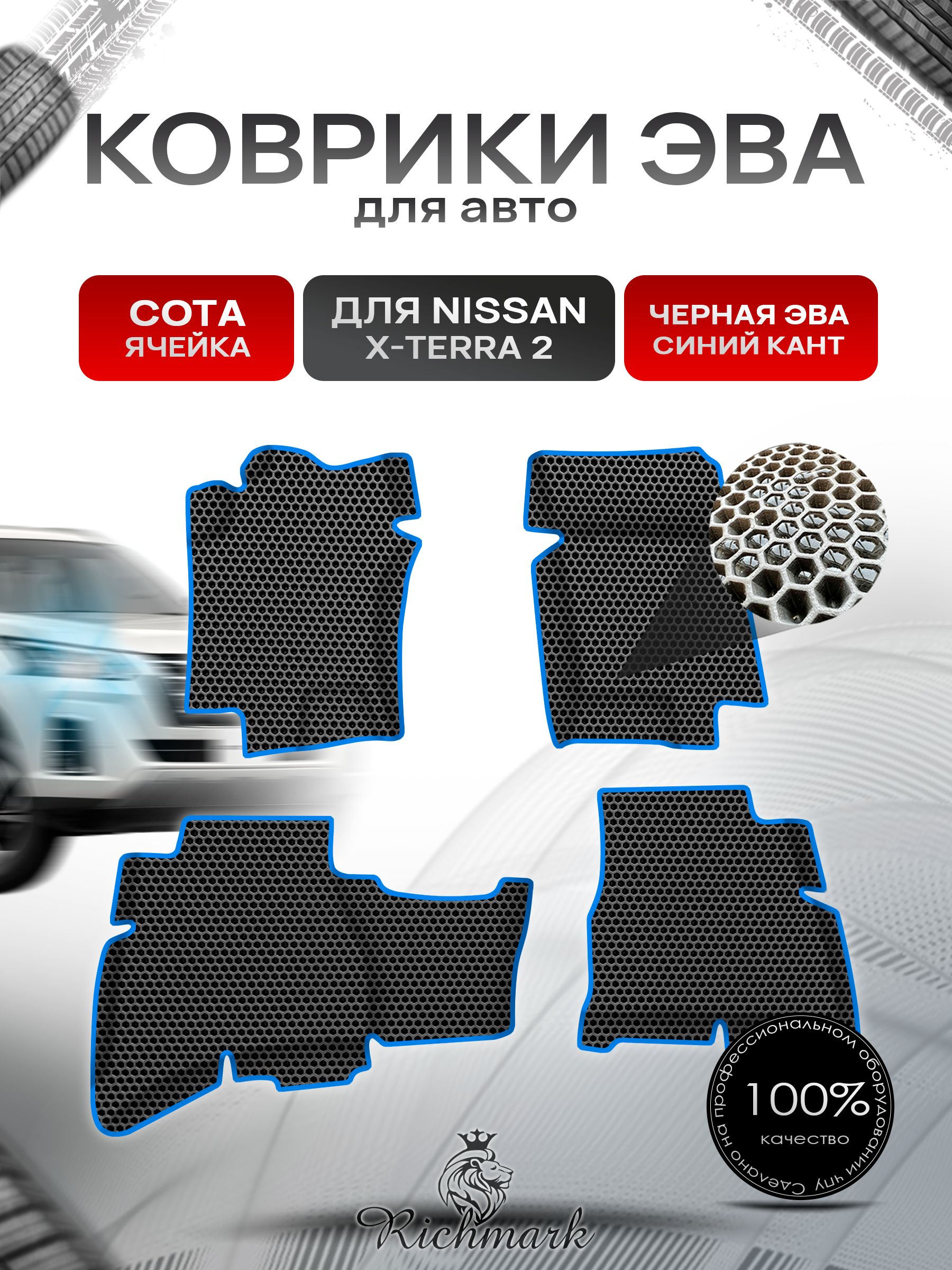 Коврики ЭВА СОТА для авто Nissan X-Terra / Ниссан Х-Терра 2(N50) 2005-2015 Г.В. Чёрный с Синим кантом. Ричмарк — фото 1