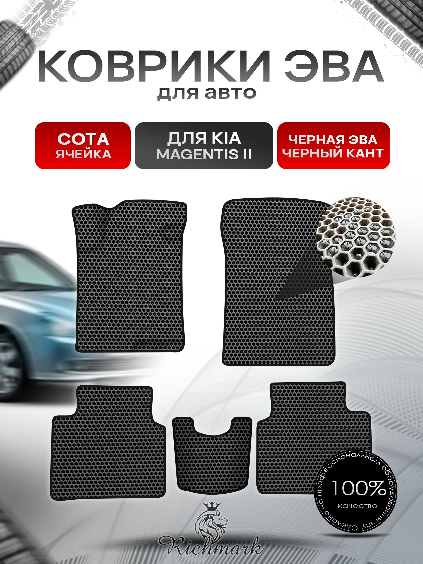 Коврики ЭВА СОТА для автомобиля Kia Magentis 2 2005-2010 / Киа Маджентис 2 Чёрный С Чёрным Кантом. Ричмарк — фото 1
