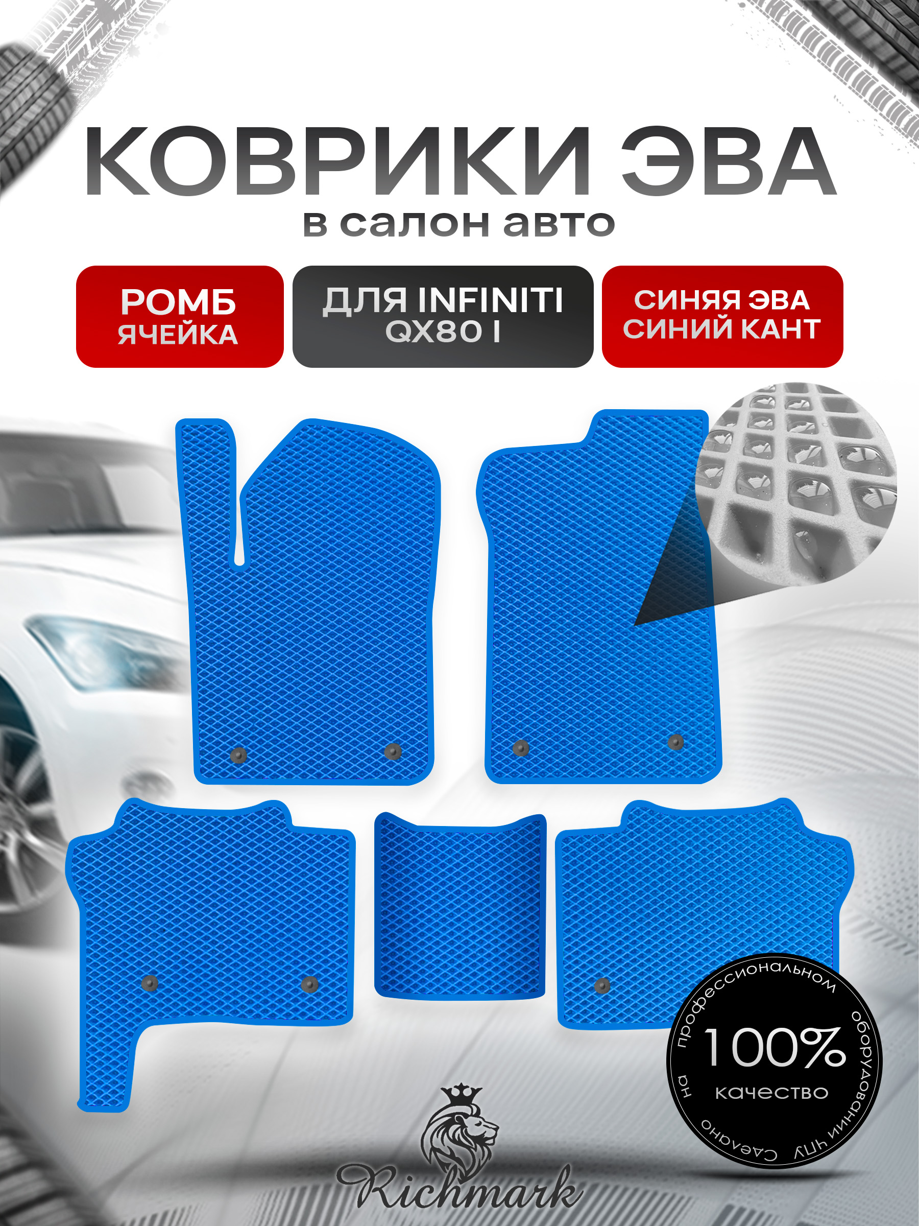 Коврики ЭВА РОМБ для автомобиля Infiniti QX80 I 2013+ / Инфинити Синий С Синим Кантом. Ричмарк — фото 1