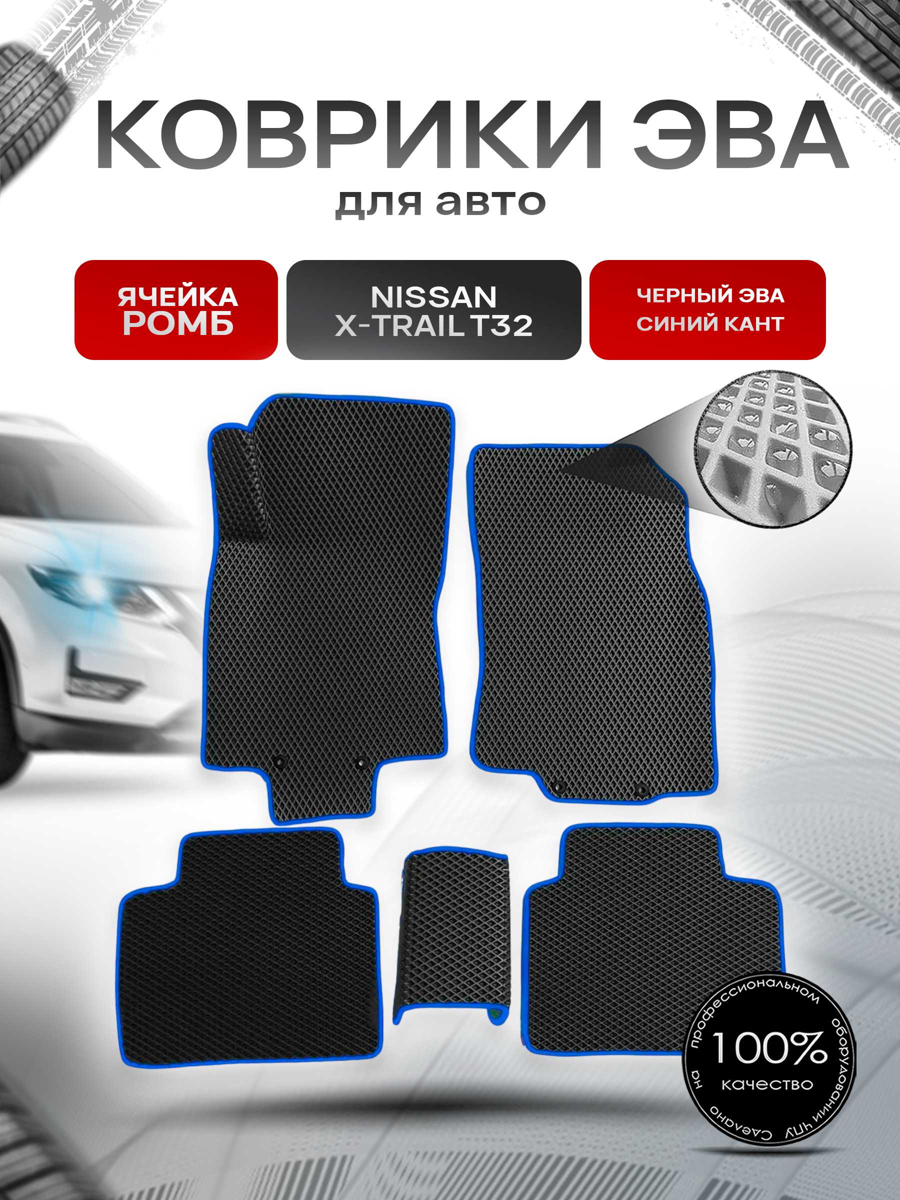 Коврики ЭВА для авто Nissan X-Trail / Ниссан Икс Трейл (T32) Левый Руль 2013-2021 Г.В. Чёрный С Синим Кантом. Ричмарк — фото 1