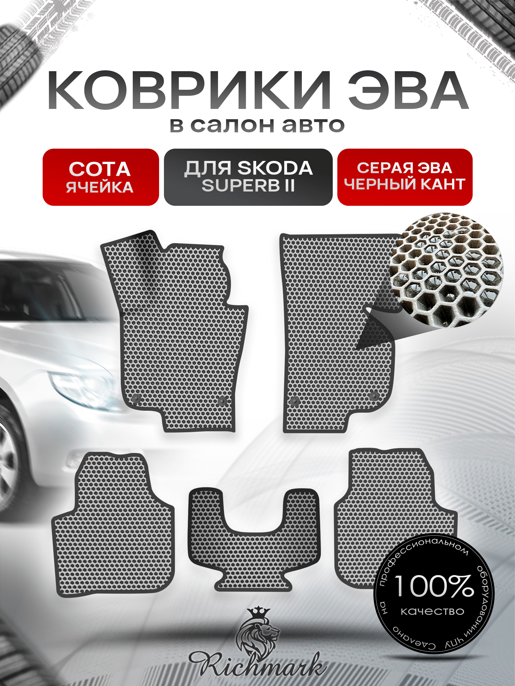 Коврики ЭВА СОТА для авто Шкода СуперБ / Skoda SuperB 2 2008-2015 Г.В. Серый с Чёрным кантом. Ричмарк — фото 1