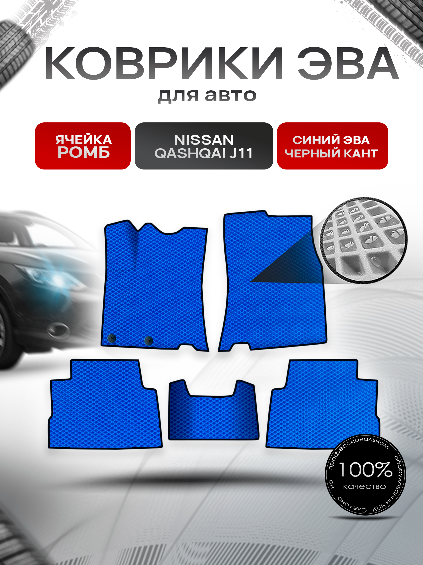 Коврики ЭВА Ромб для авто Nissan Qashqai / Ниссан Кашкай (Английская сборка) J11 2013-2021 Г.В. Синий с Чёрным кантом. Ричмарк — фото 1