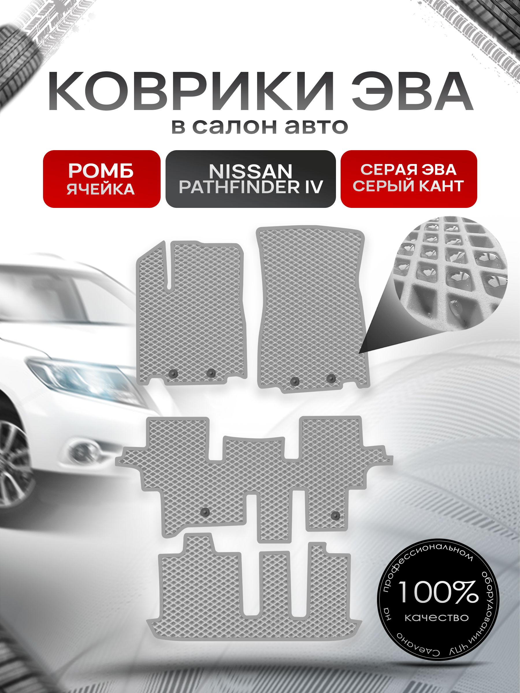 Коврики ЭВА РОМБ для авто Ниссан Патфайндер Р52 (7мест) / Nissan Pathfinder (R52) 2014 - 2020 7 мест Серый С Серым Кантом. Ричмарк — фото 1