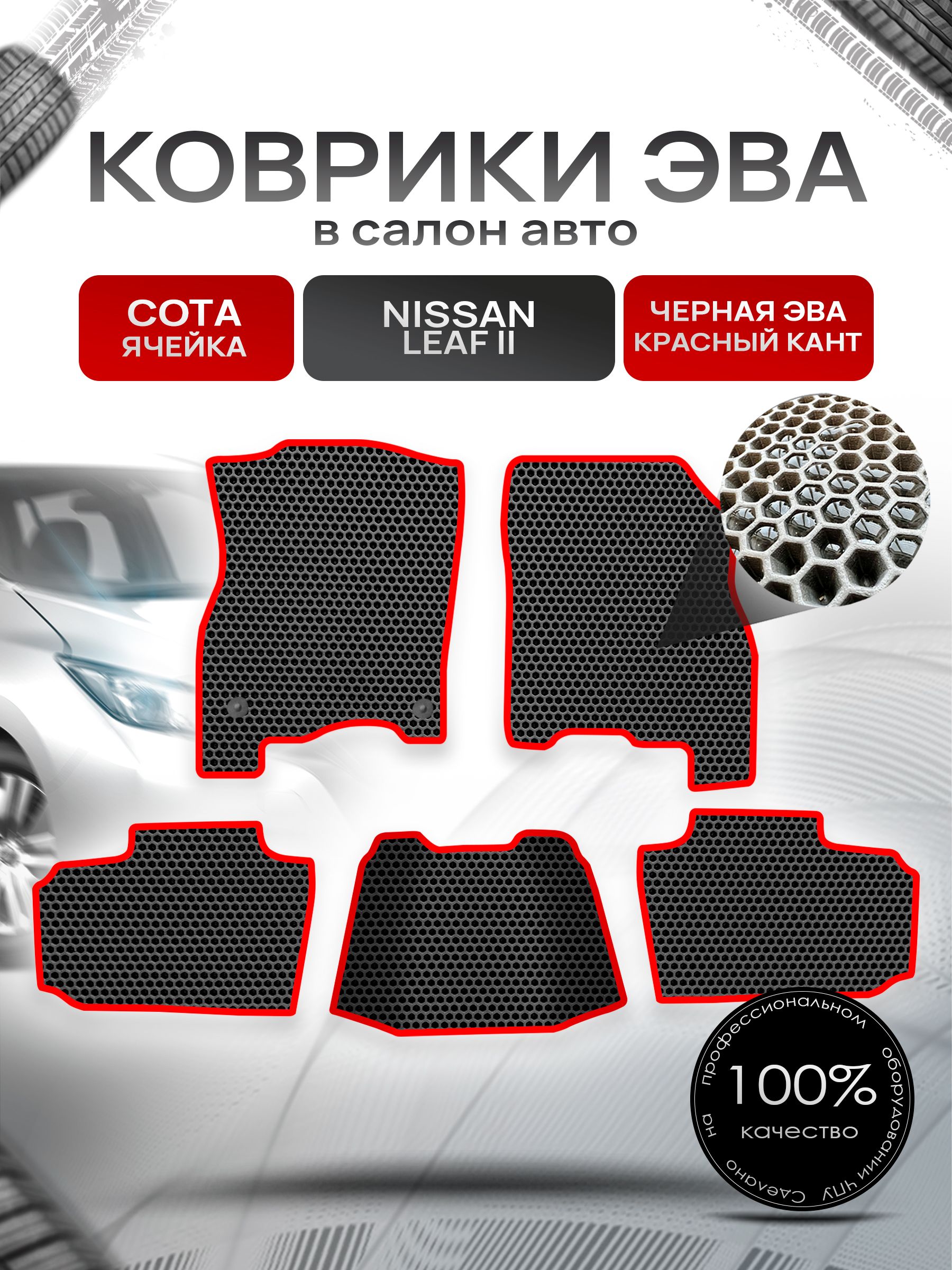 Коврики ЭВА СОТА для авто Ниссан Лиф 2 / Nissan Leaf 2 (ZE1) 2017+ Чёрный С Красным Кантом. Ричмарк — фото 1