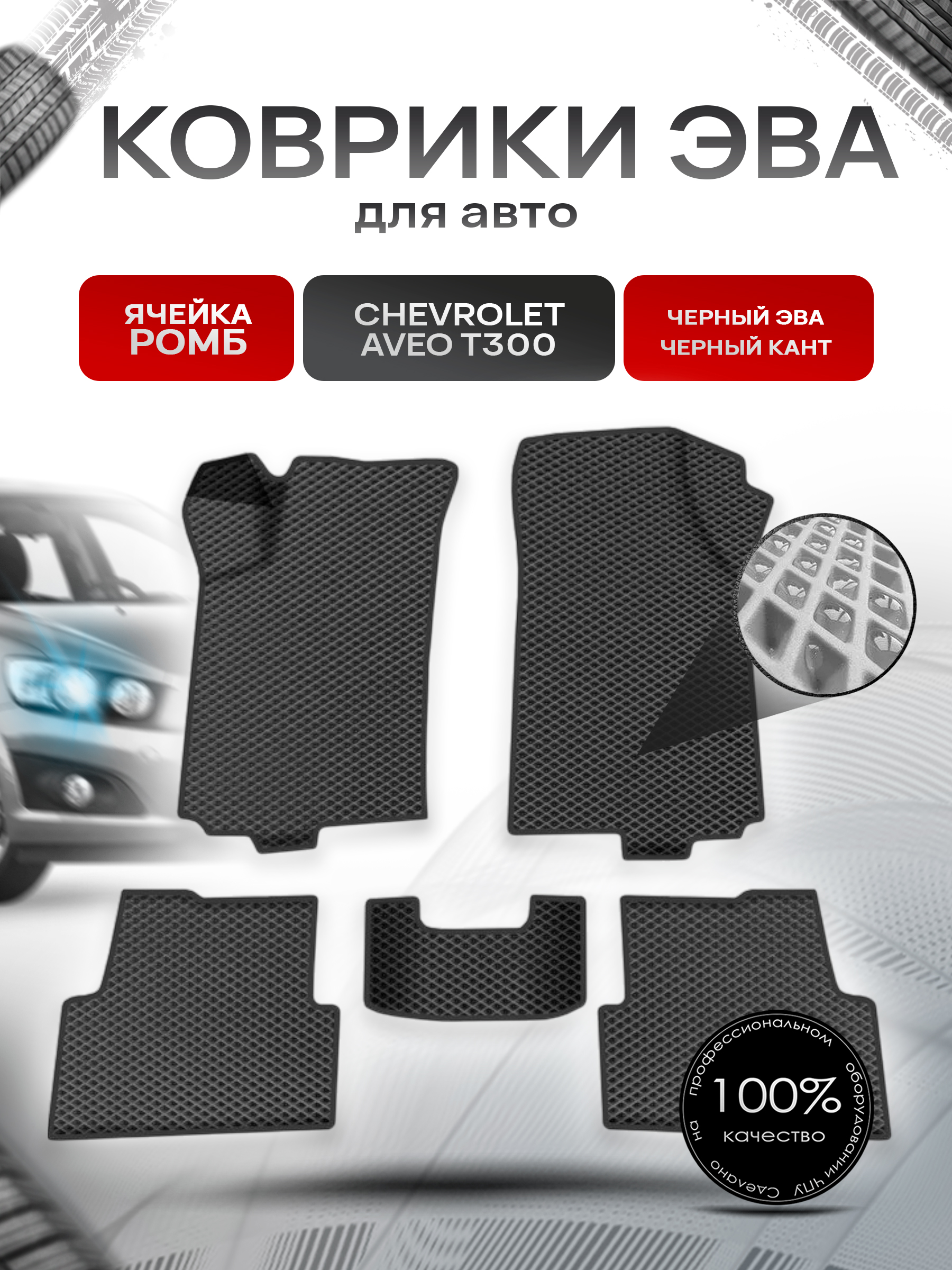 Коврики ЭВА для авто Chevrolet Aveo / Шевроле Авео (T300) 2011-2015 Г.В. Чёрный С Чёрным Кантом. Ричмарк — фото 1