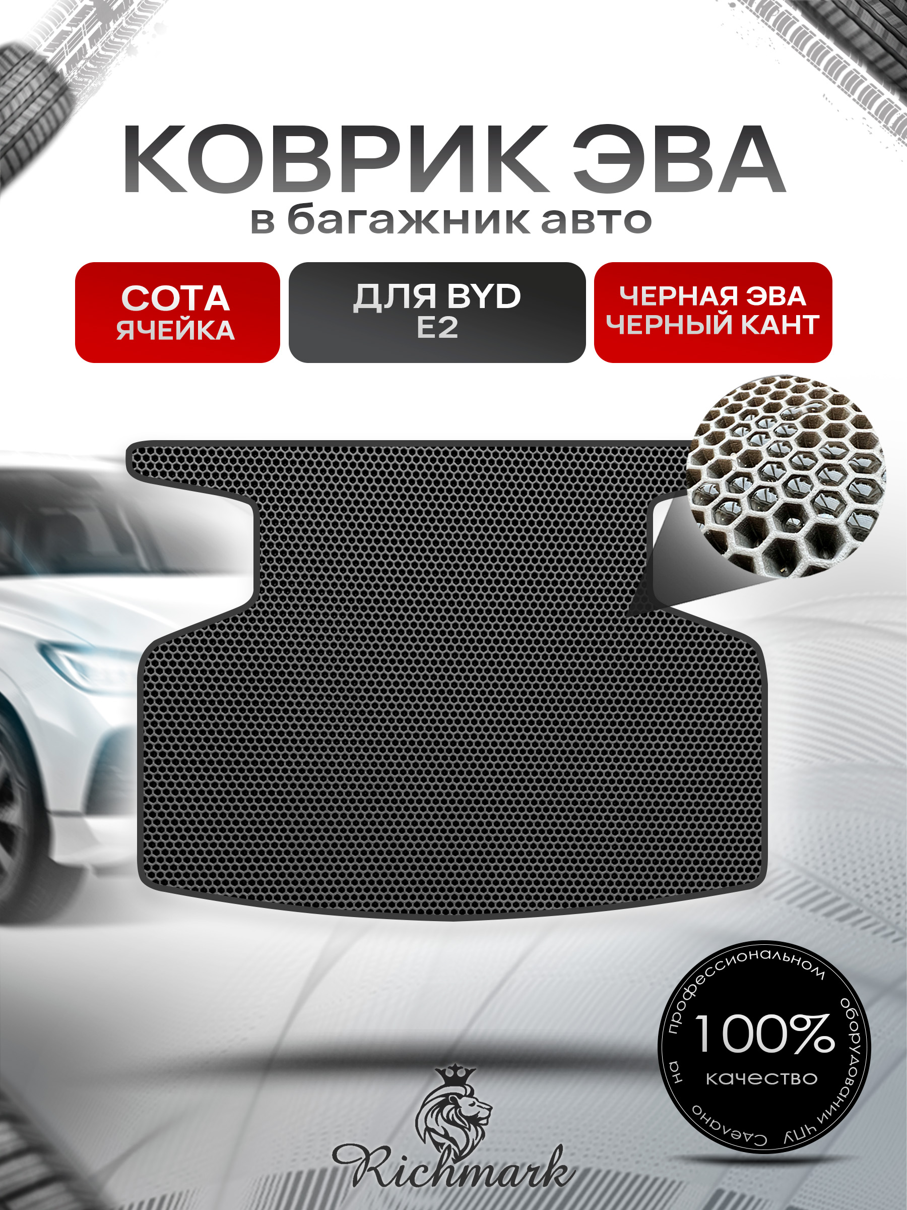 Коврик в багажник ЭВА СОТА для BYD E2 2019+ / Бад Е2 Чёрный с Чёрным кантом. Ричмарк — фото 1