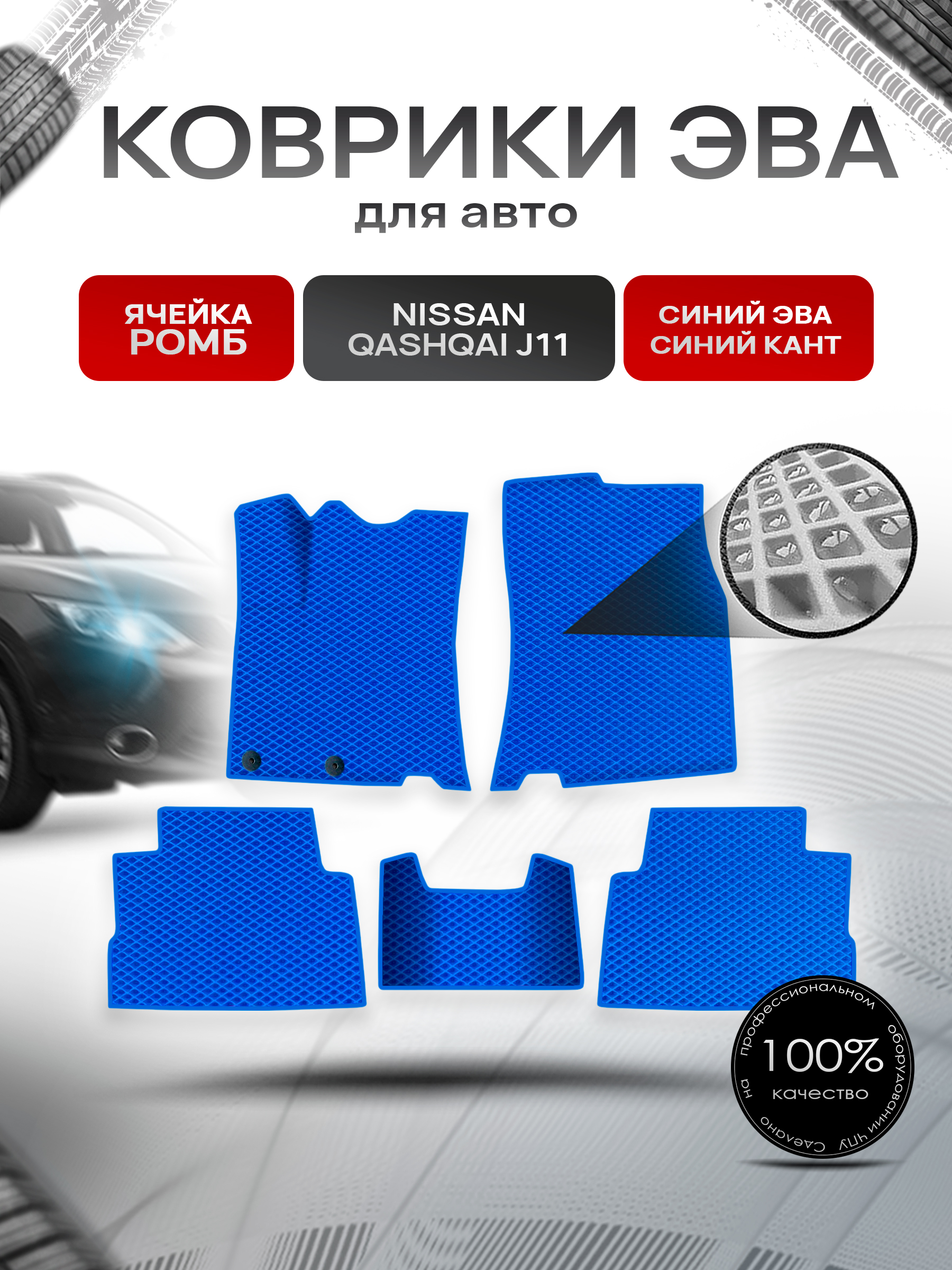 Коврики ЭВА Ромб для авто Nissan Qashqai / Ниссан Кашкай (Английская сборка) J11 2013-2021 Г.В. Синий с Синим кантом. Ричмарк — фото 1