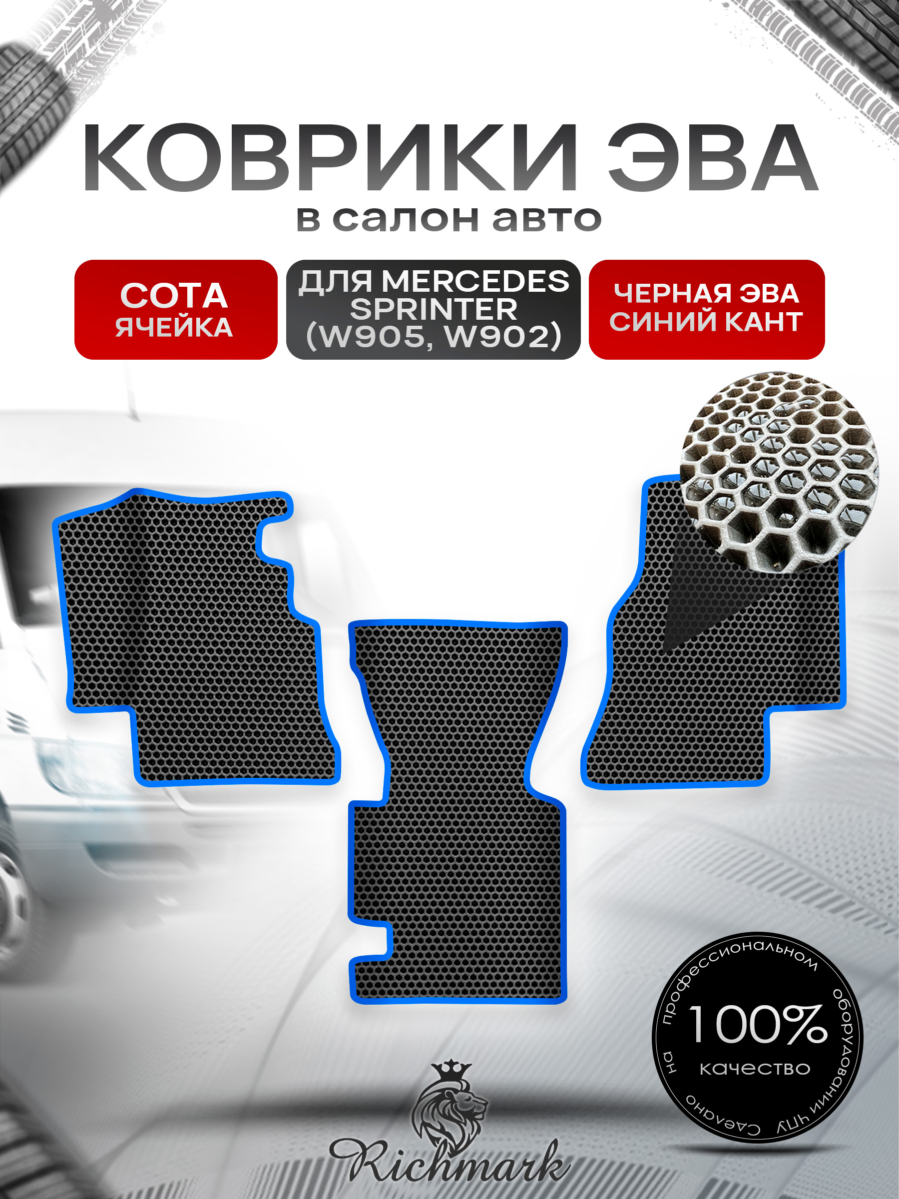 Коврики ЭВА СОТА для автомобиля Mercedes Sprinter (W905, W902) / Мерседес Спринтер Чёрный С Синим Кантом. Ричмарк — фото 1