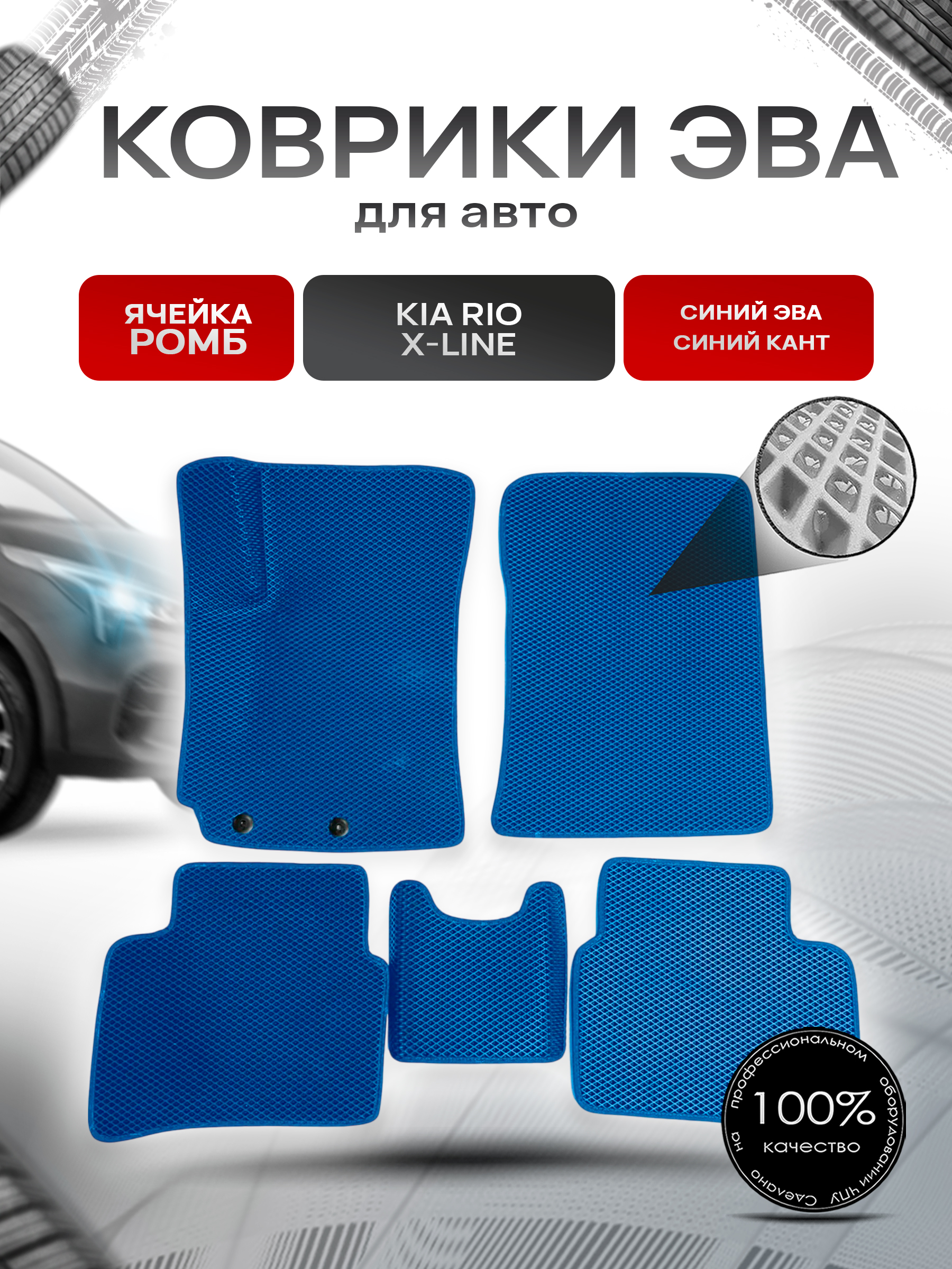 Коврики ЭВА для авто Kia Rio / Киа Рио X-Line 2017-2021 Г.В. Синий С Синим Кантом. Ричмарк — фото 1