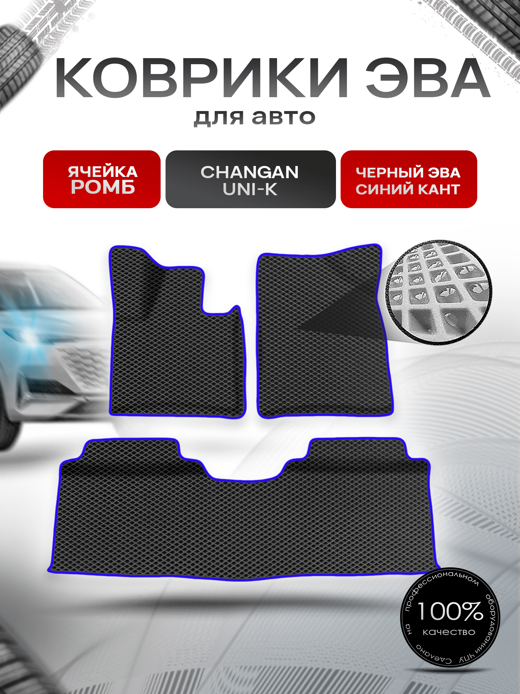 Коврики ЭВА Ромб для авто Changan UNI-K / Чанган УНИ-К 2022+ (с бортами) Чёрный с Синим кантом. Ричмарк — фото 1
