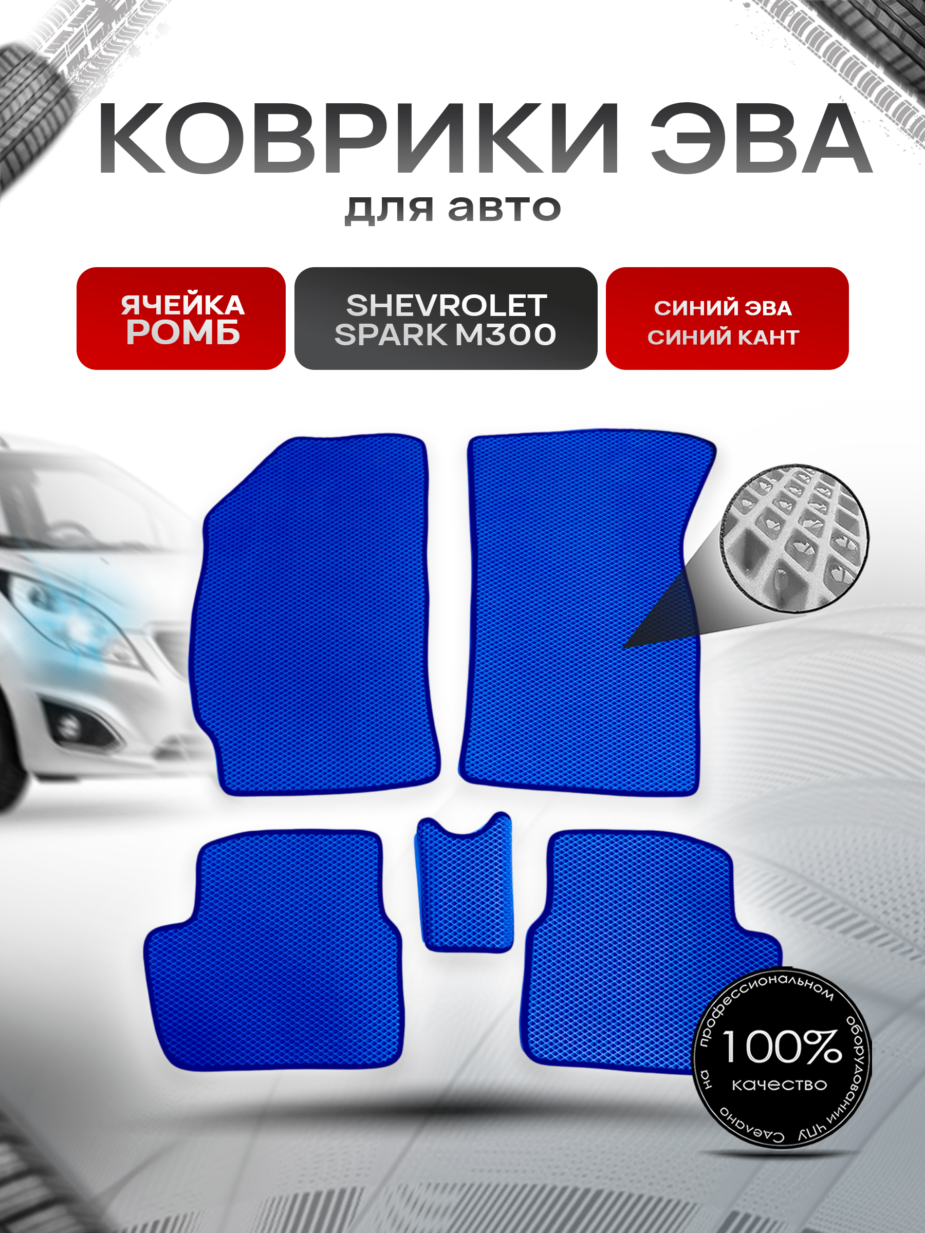 Коврики ЭВА для авто Chevrolet Spark / Шевроле Спарк M300 Ravon R2 2010-2023 Г.В. Синий С Синим Кантом. Ричмарк — фото 1