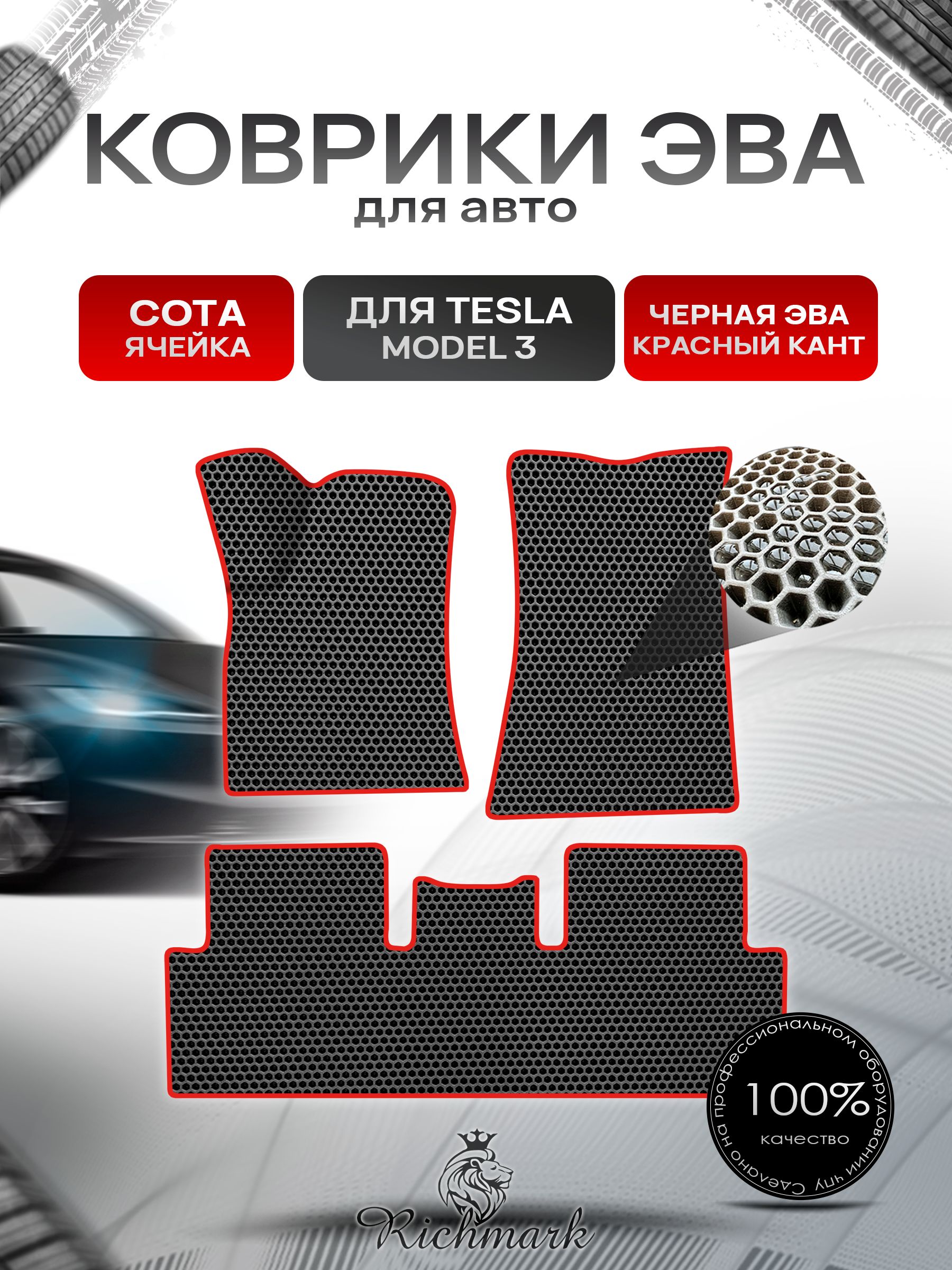 Коврики ЭВА СОТА для автомобиля Tesla Model 3 2017+ / Тесла Модель 3 Чёрный С Красным Кантом. Ричмарк — фото 1