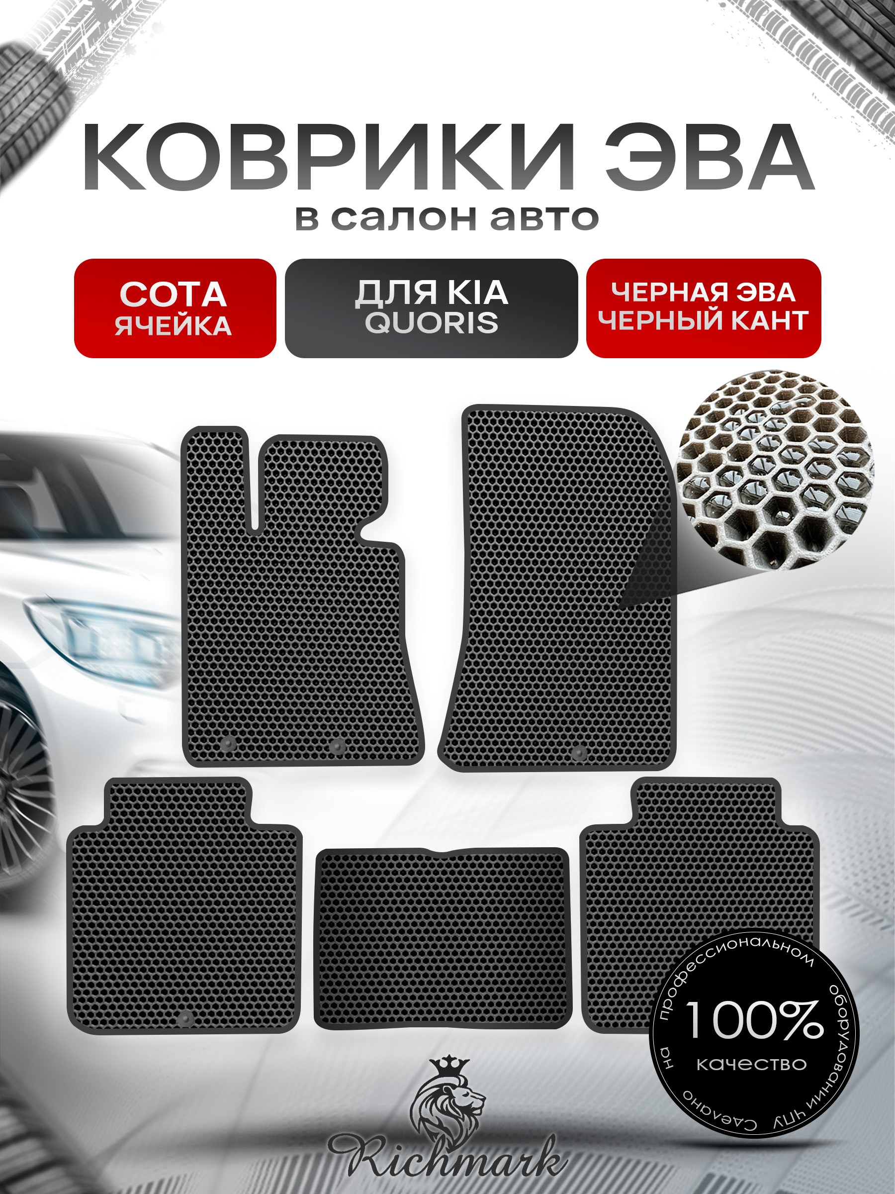 Коврики ЭВА СОТА для автомобиля Kia Quoris 2012-2018 / Киа Кворис Чёрный С Чёрным Кантом. Ричмарк — фото 1