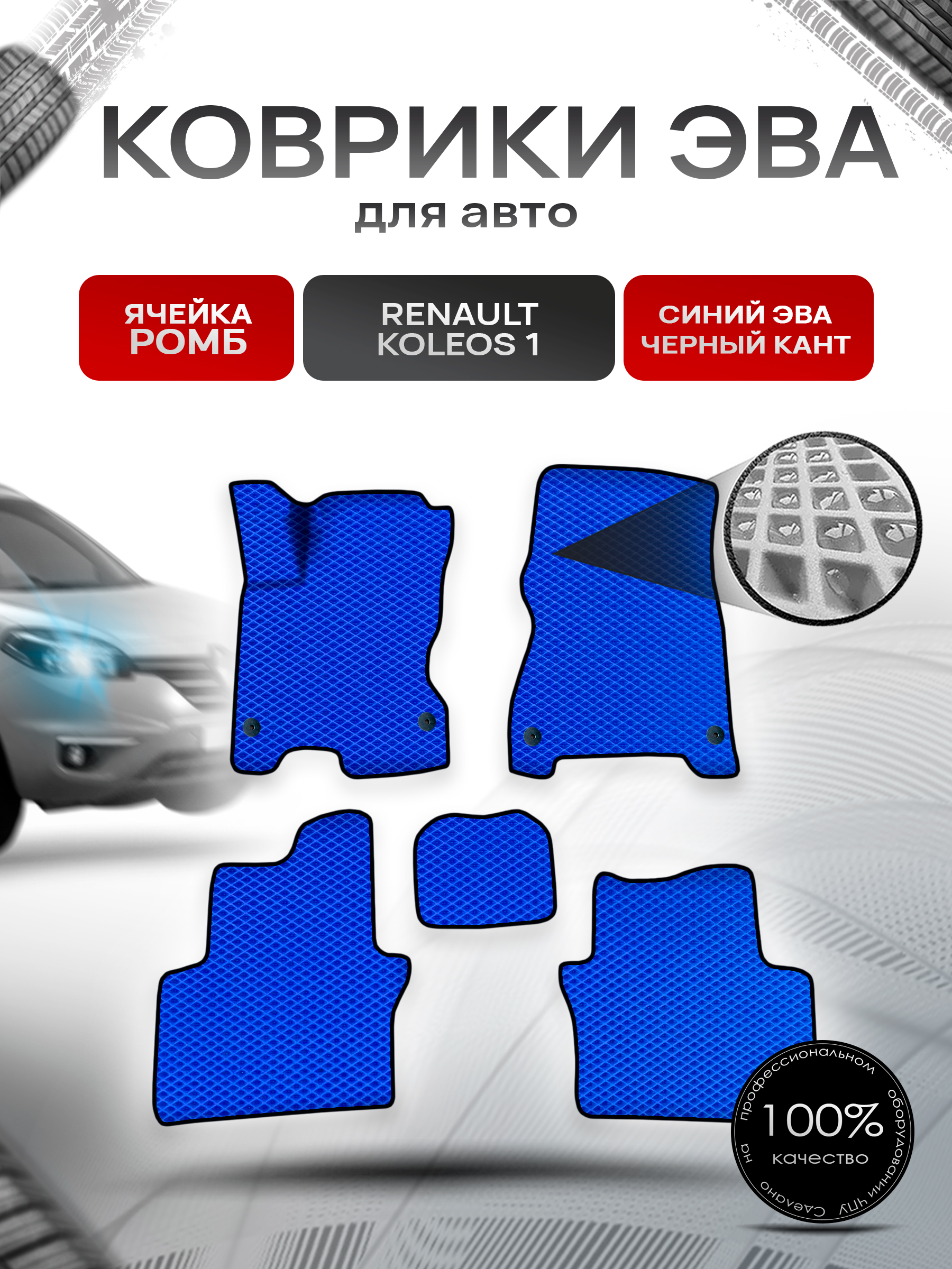 Коврики ЭВА Ромб для авто Рено Ренаулт Колеос / Renault Koleos 1 2008-2016 Г.В. Синий с Чёрным кантом. Ричмарк — фото 1