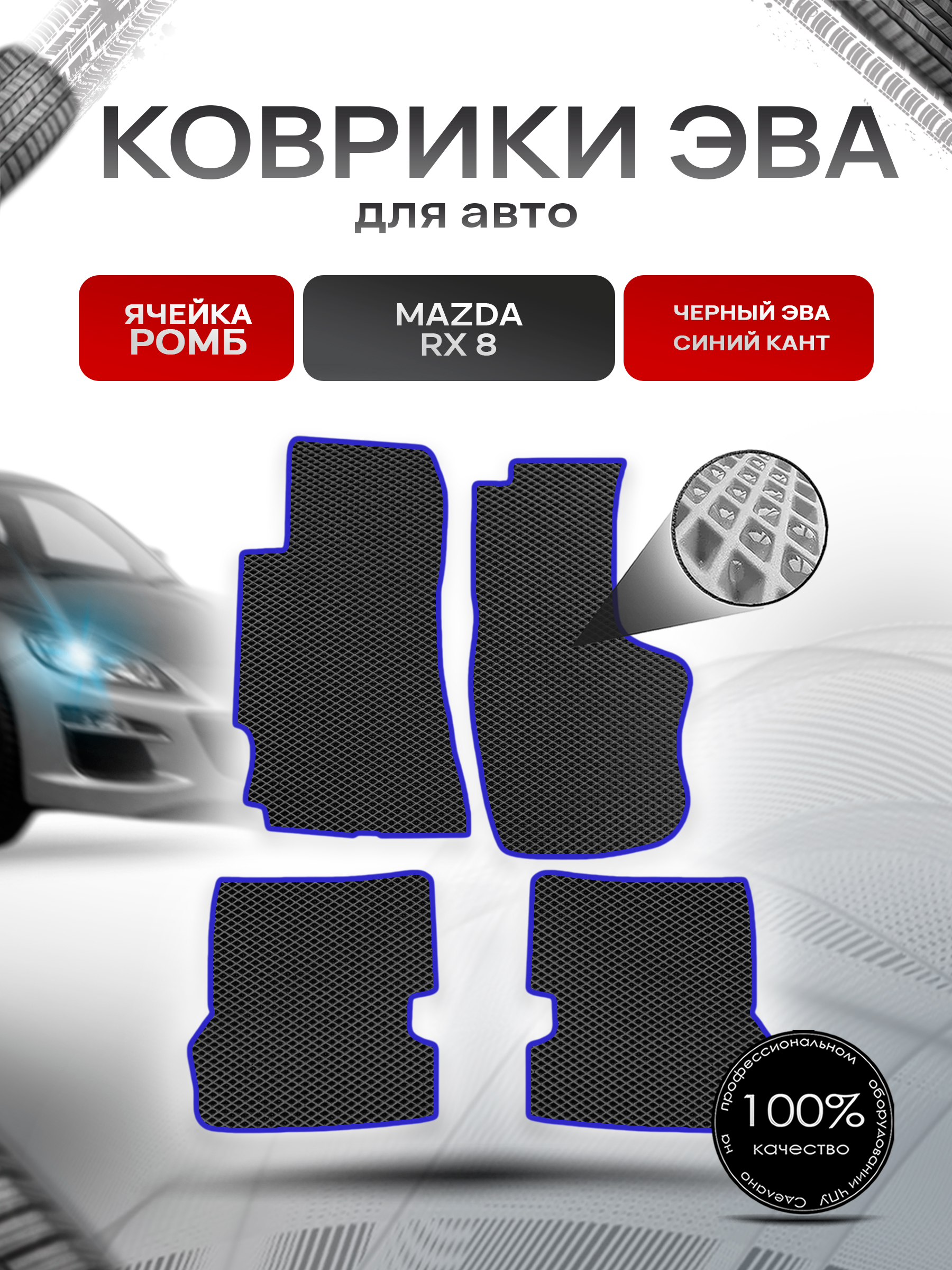 Коврики ЭВА Ромб для авто Mazda / Мазда RX-8 2003-2012 Г.В. Чёрный с Синим кантом. Ричмарк — фото 1