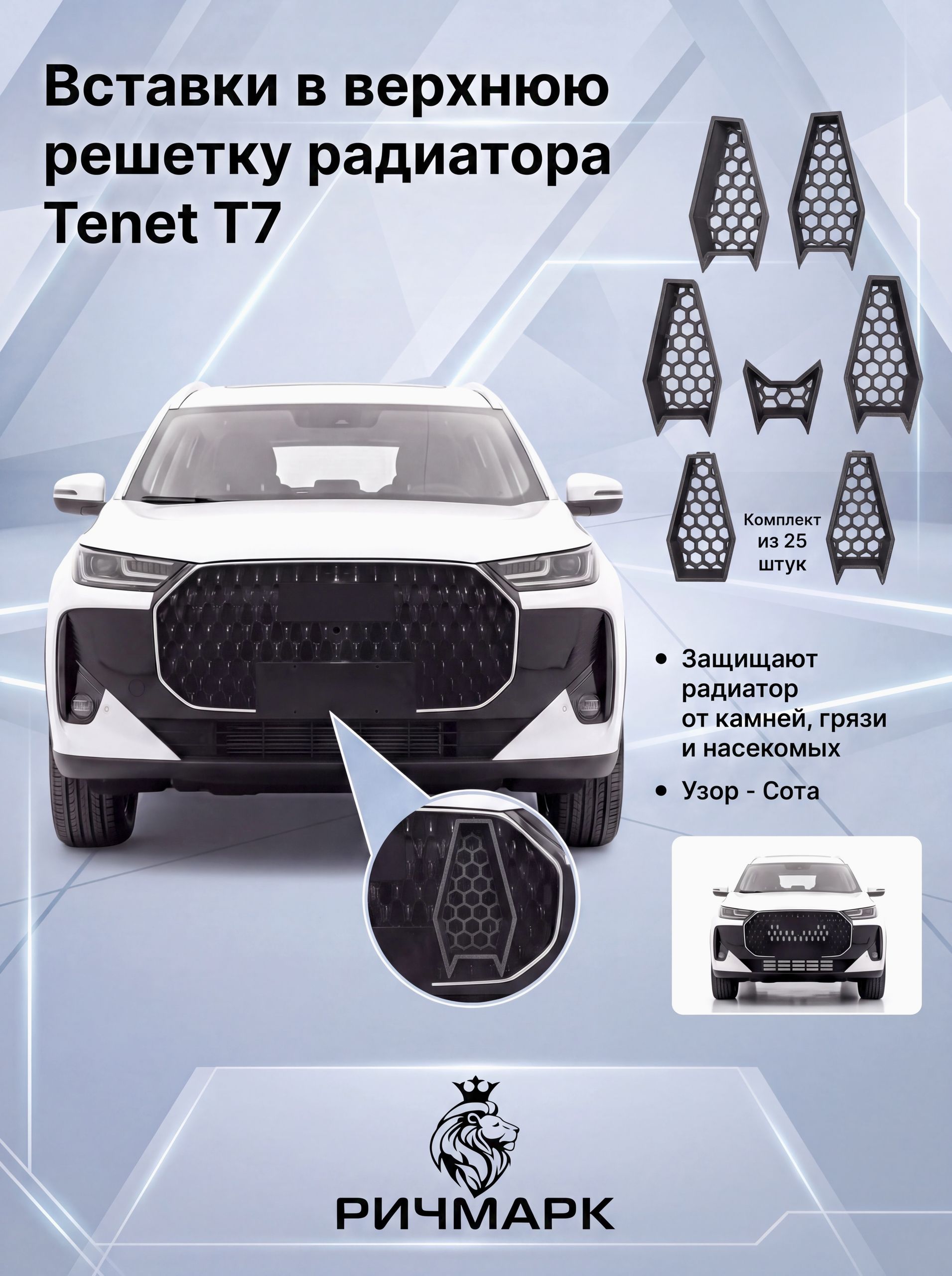 Вставки РОМБ в верхнюю решетку бампера/ защита радиатора для Tenet T7 / Тенет Т7 Ричмарк — фото 3