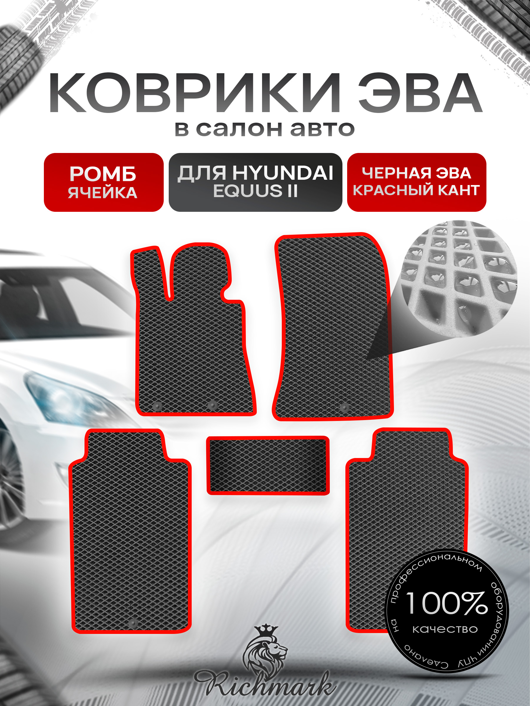 Коврики ЭВА РОМБ для автомобиля Hyundai Equus 2 2009-2016 / Хендай Экус 2 Чёрный С Красным Кантом. Ричмарк — фото 1