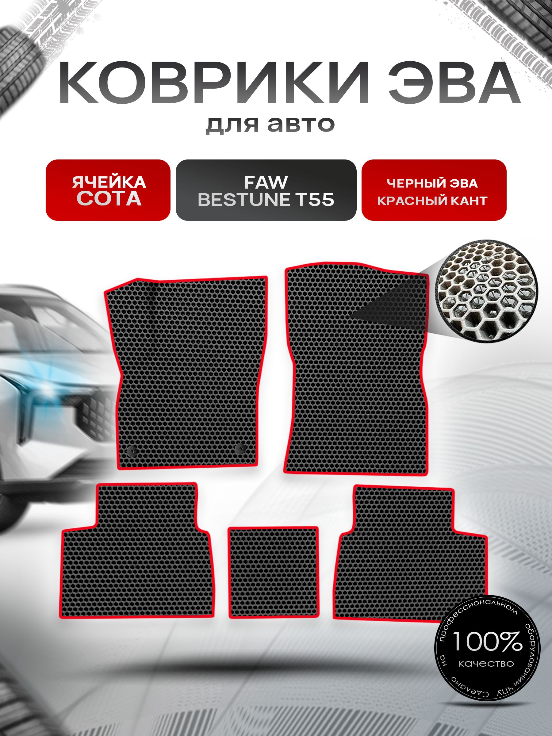 Коврики ЭВА СОТА для авто FAW Bestune T55 / ФАВ Бестюн Т55 2023+ Чёрный с Красным кантом. Ричмарк — фото 1