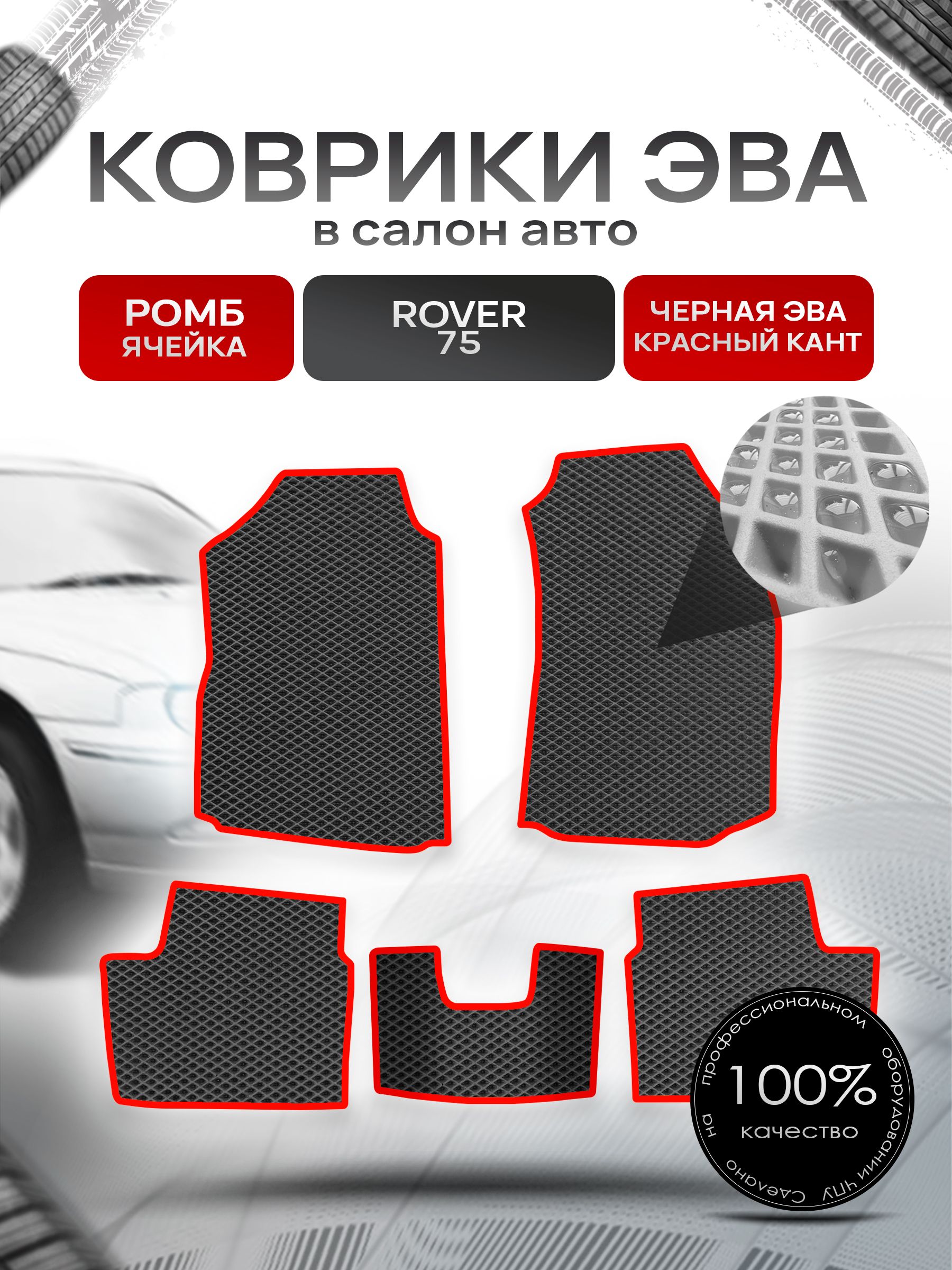Коврики ЭВА РОМБ для авто Ровер 75 / Rover 75 1999 - 2005 Чёрный С Красным Кантом. Ричмарк — фото 1