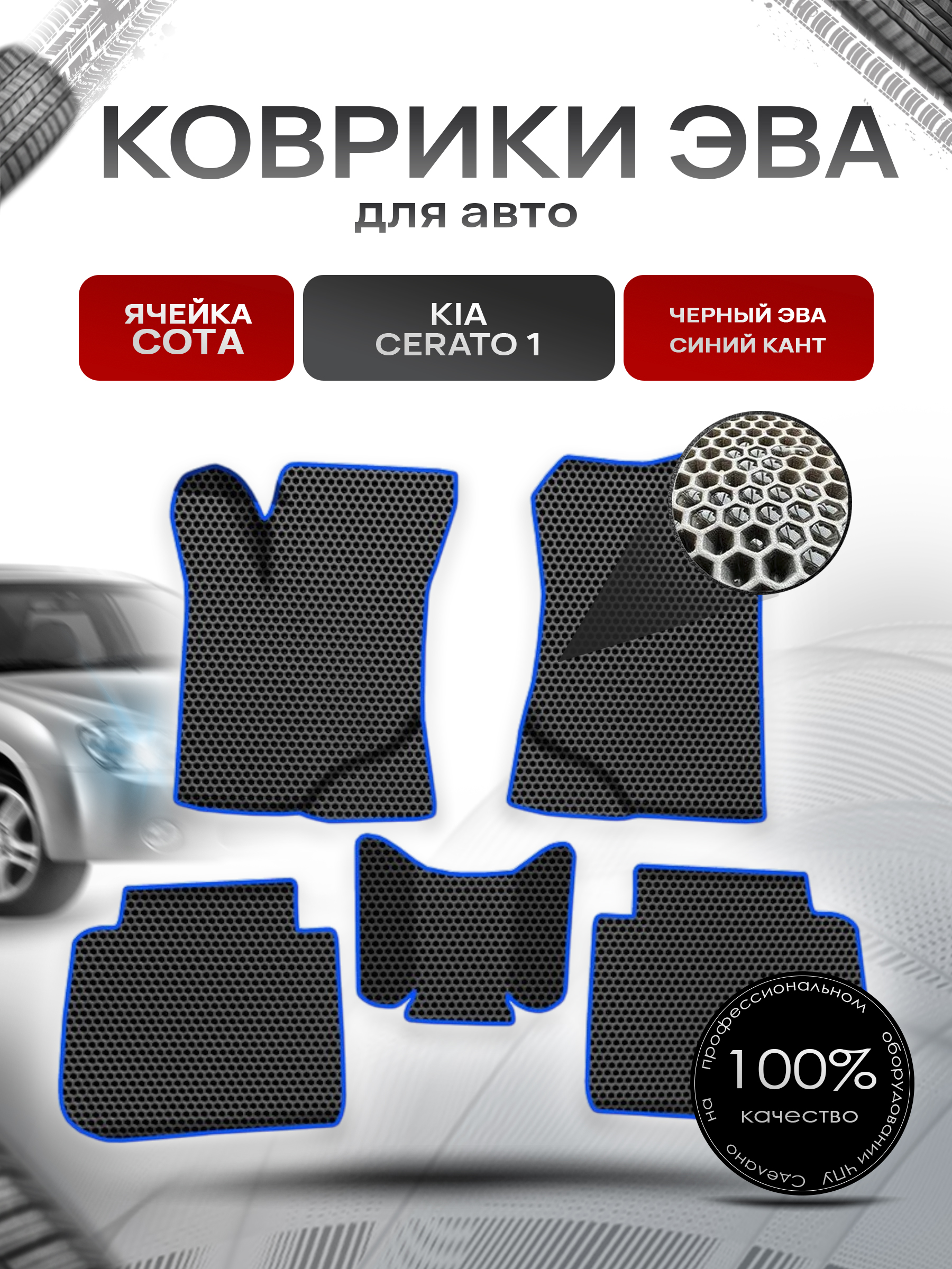Коврики ЭВА СОТА для авто Киа Кия Церато / Kia Cerato 1 2003-2009 Г.В. Чёрный с Синим кантом. Ричмарк — фото 1