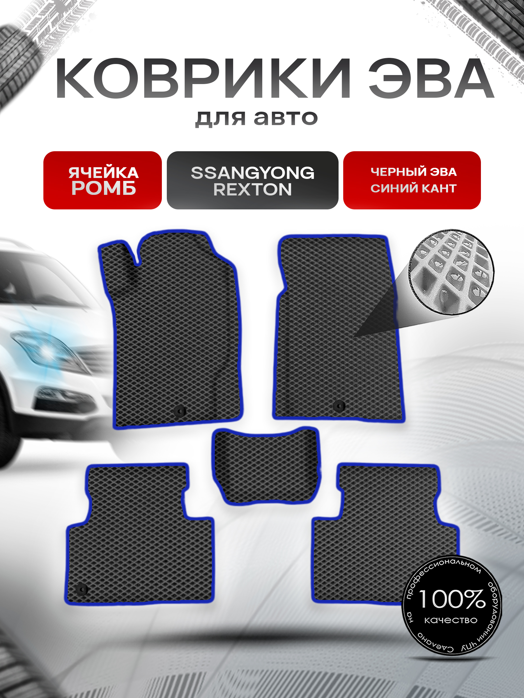 Коврики ЭВА Ромб для авто Ссайнг Йонг Рекстон / SSangYong Rexton 2001-2020 Г.В. Чёрный с Синим кантом. Ричмарк — фото 1