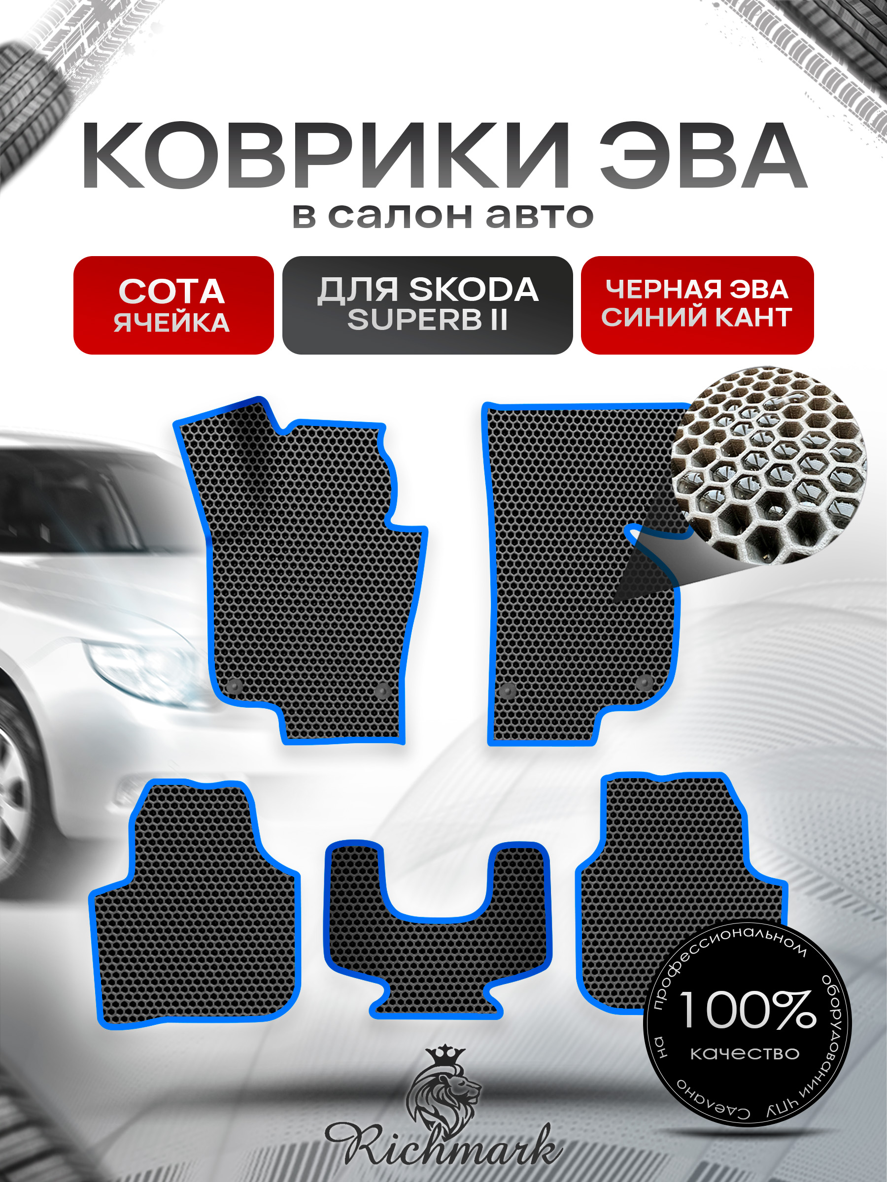 Коврики ЭВА СОТА для авто Шкода СуперБ / Skoda SuperB 2 2008-2015 Г.В. Чёрный с Синим кантом. Ричмарк — фото 1