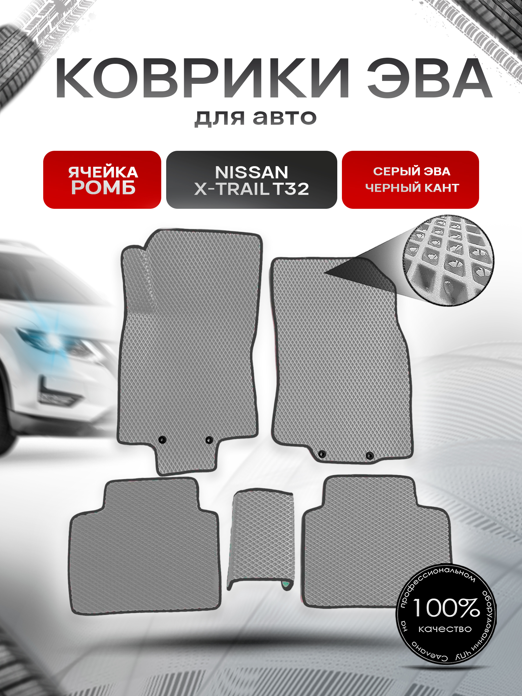 Коврики ЭВА для авто Nissan X-Trail / Ниссан Икс Трейл (T32) Левый Руль 2013-2021 Г.В. Серый С Чёрным Кантом. Ричмарк — фото 1