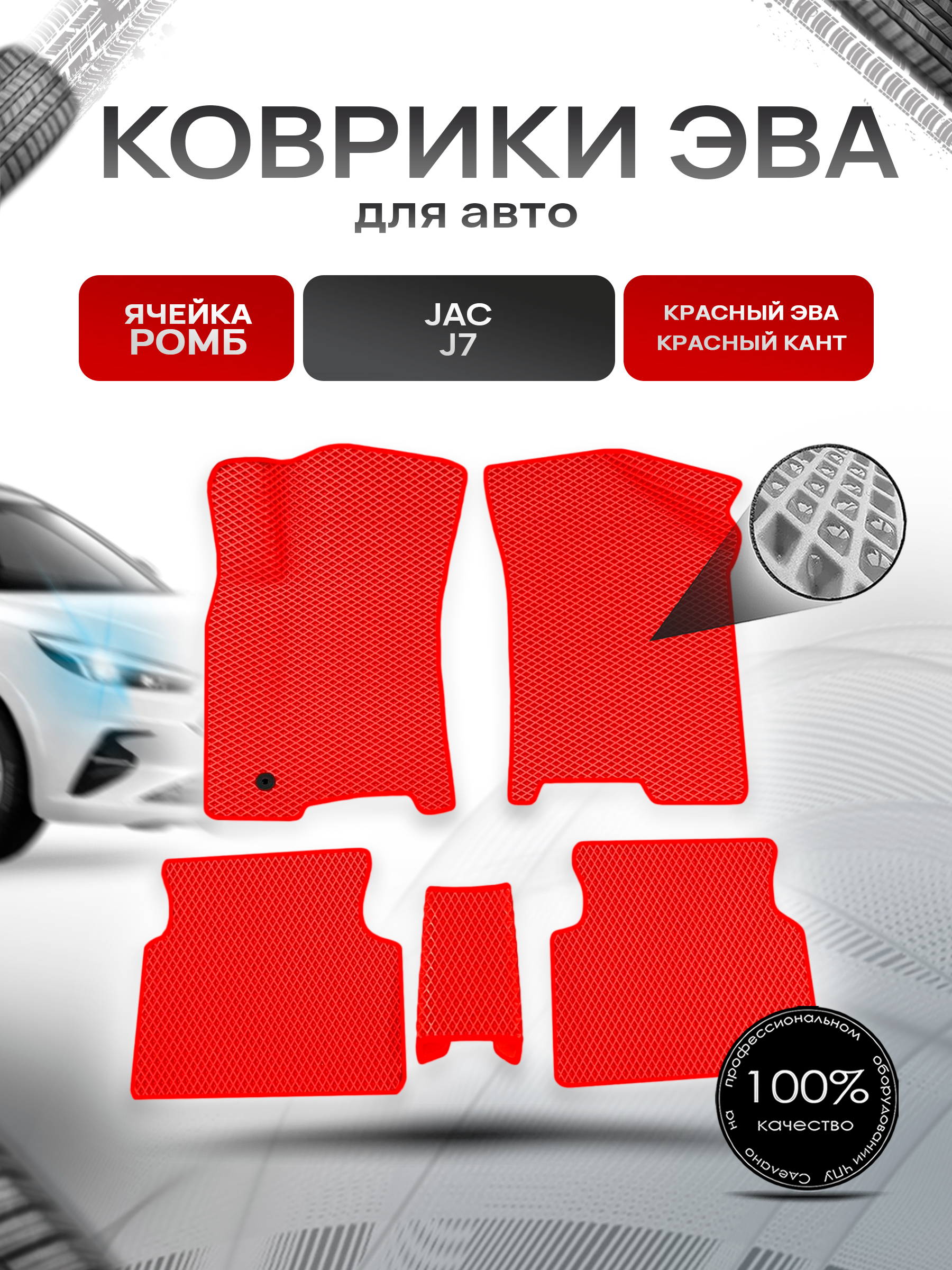 Коврики ЭВА Ромб для авто JAC / Жак J7 2019-2022 Г.В. Красный с Красным кантом. Ричмарк — фото 1