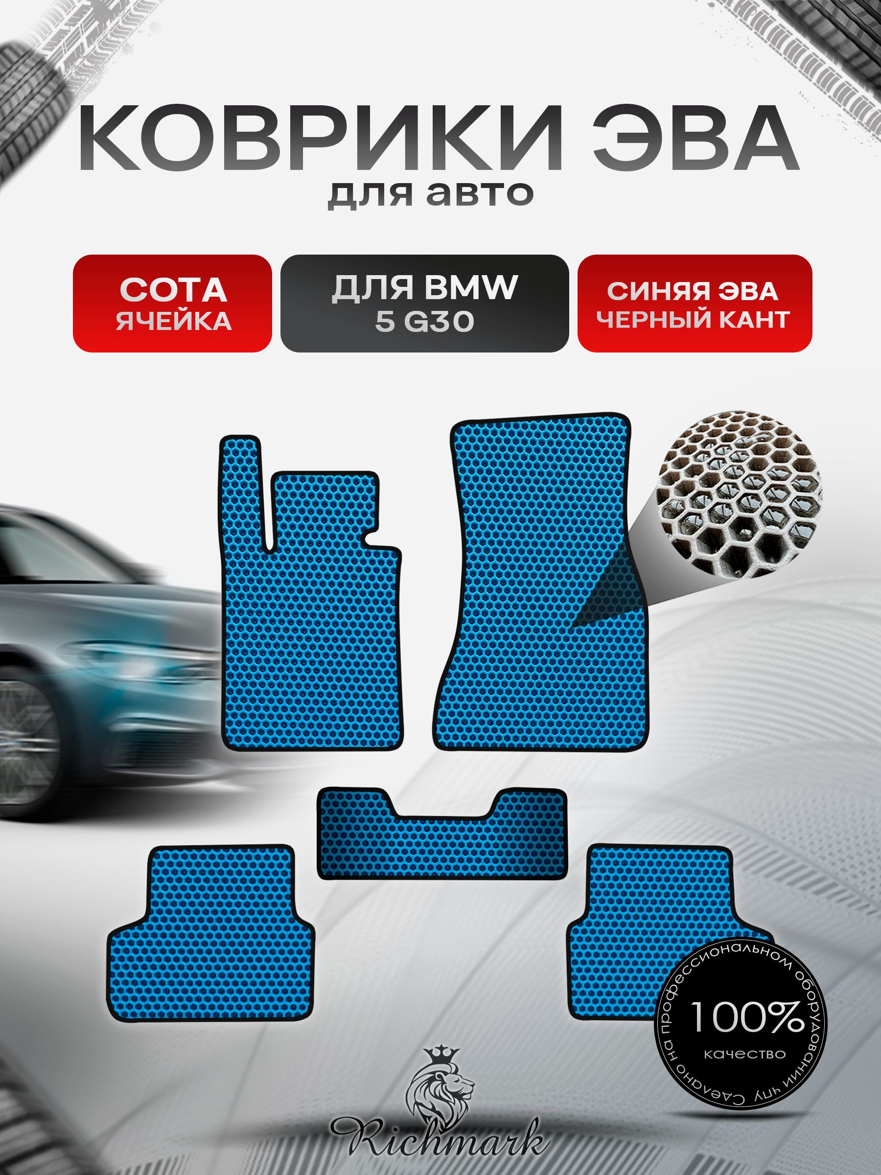 Коврики ЭВА СОТА для автомобиля BMW 5 (G30) 2016-2025 / БМВ 5 Ж30 Синий С Чёрным Кантом. Ричмарк — фото 1