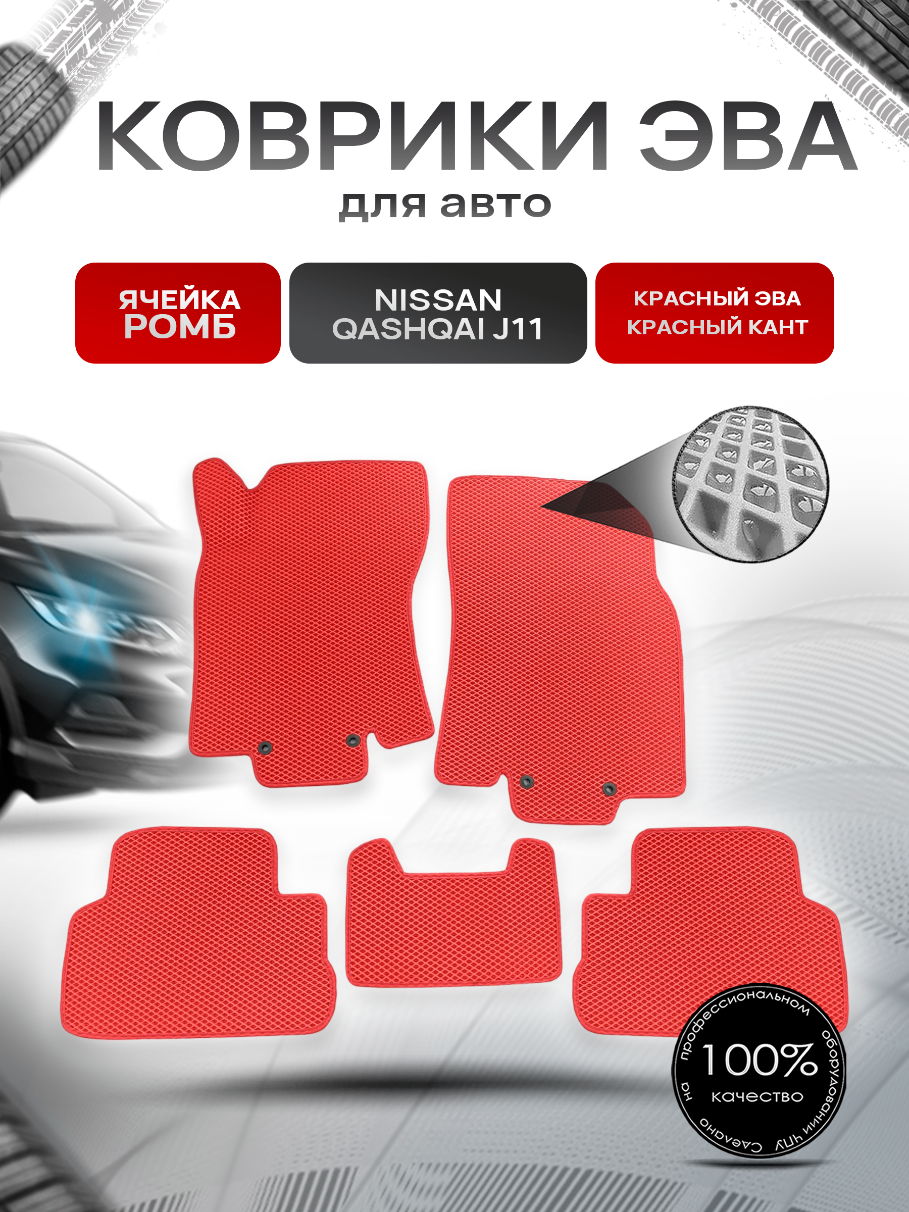 Коврики ЭВА Ромб для авто Nissan Qashqai / Ниссан Кашкай (Российская сборка) J11 2013-2021 Г.В. Красный с Красным кантом. Ричмарк — фото 1