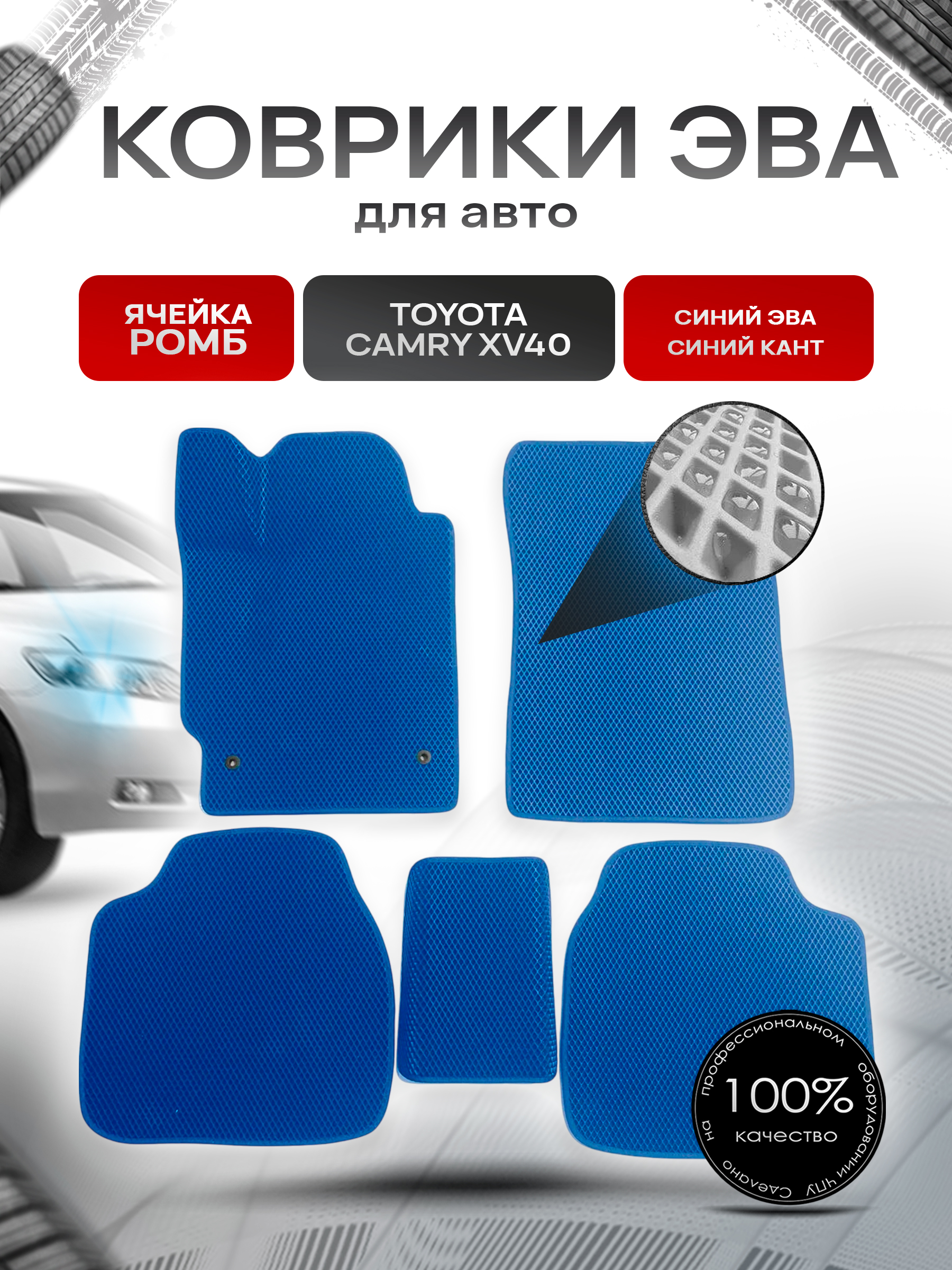 Коврики ЭВА для авто Toyota Camry / Тойота Камри Левый руль XV40 2006-2011 Г.В. Синий С Синим Кантом. Ричмарк — фото 1