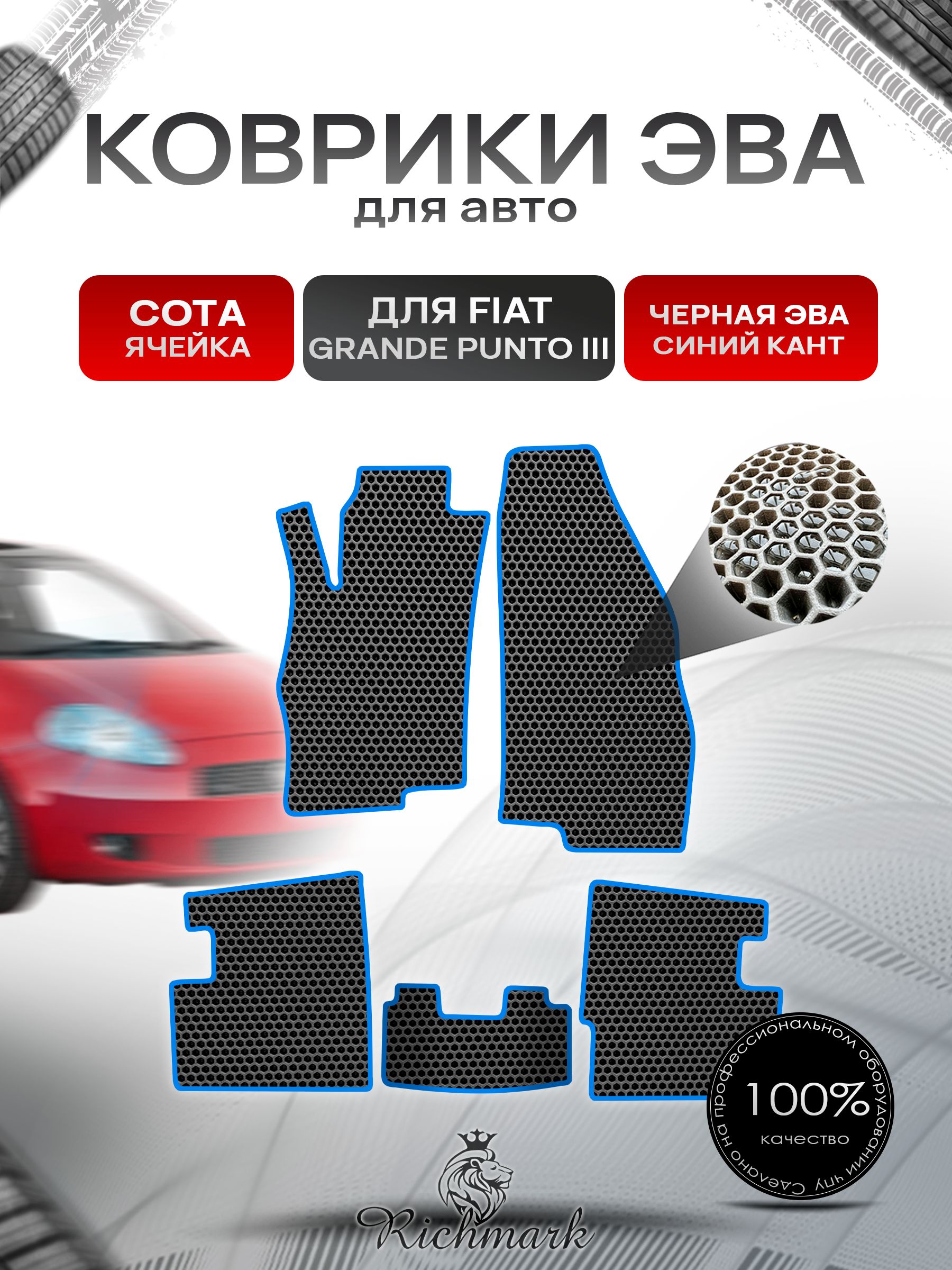 Коврики ЭВА СОТА для автомобиля Fiat Grande Punto 3 2005-2010 / Фиат Гранде Пунто 3 Чёрный С Синим Кантом. Ричмарк — фото 1