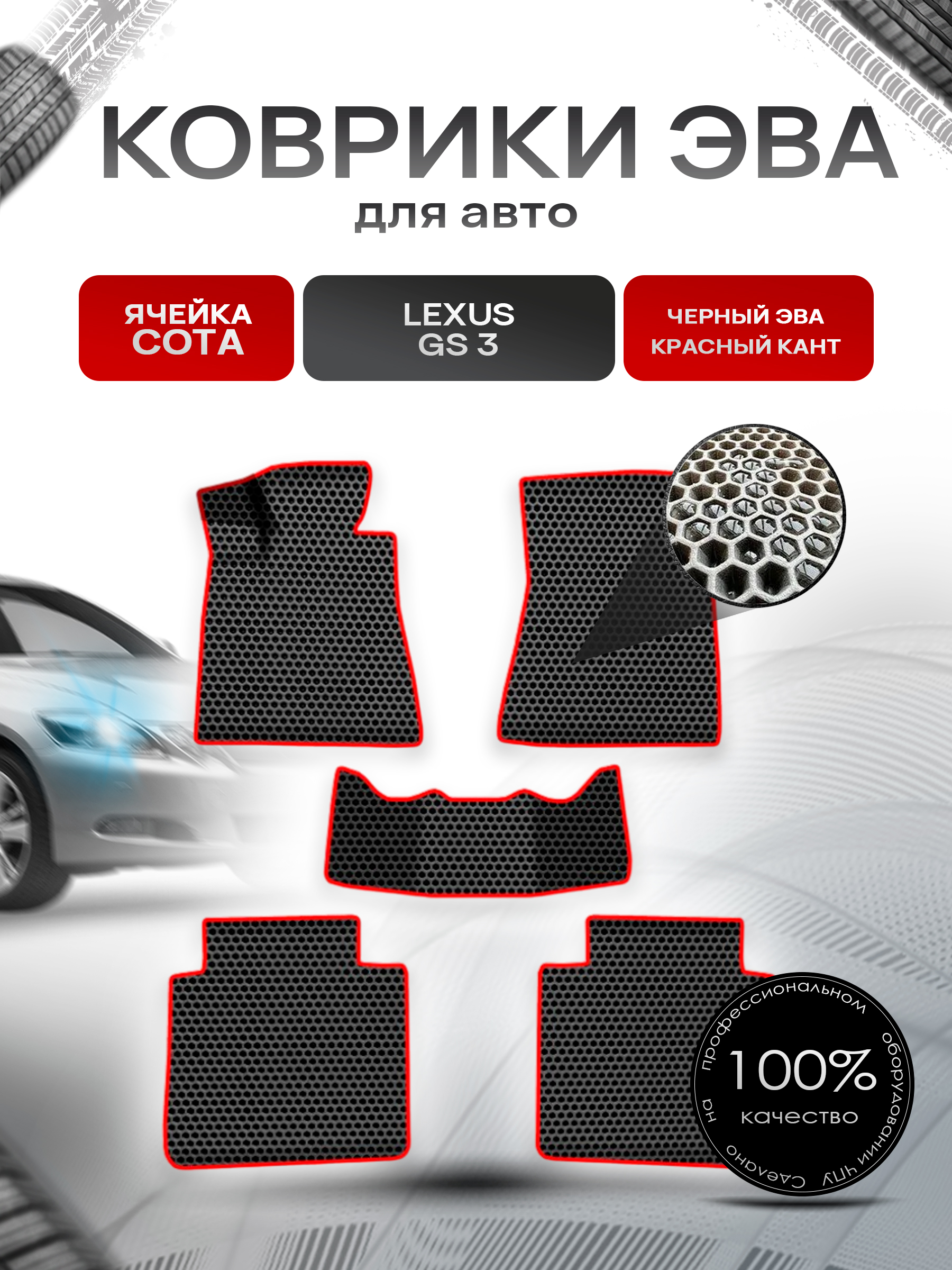Коврики ЭВА СОТА для авто Лексус / Lexus GS 3 2005-2012 Г.В. Чёрный с Красным кантом. Ричмарк — фото 1
