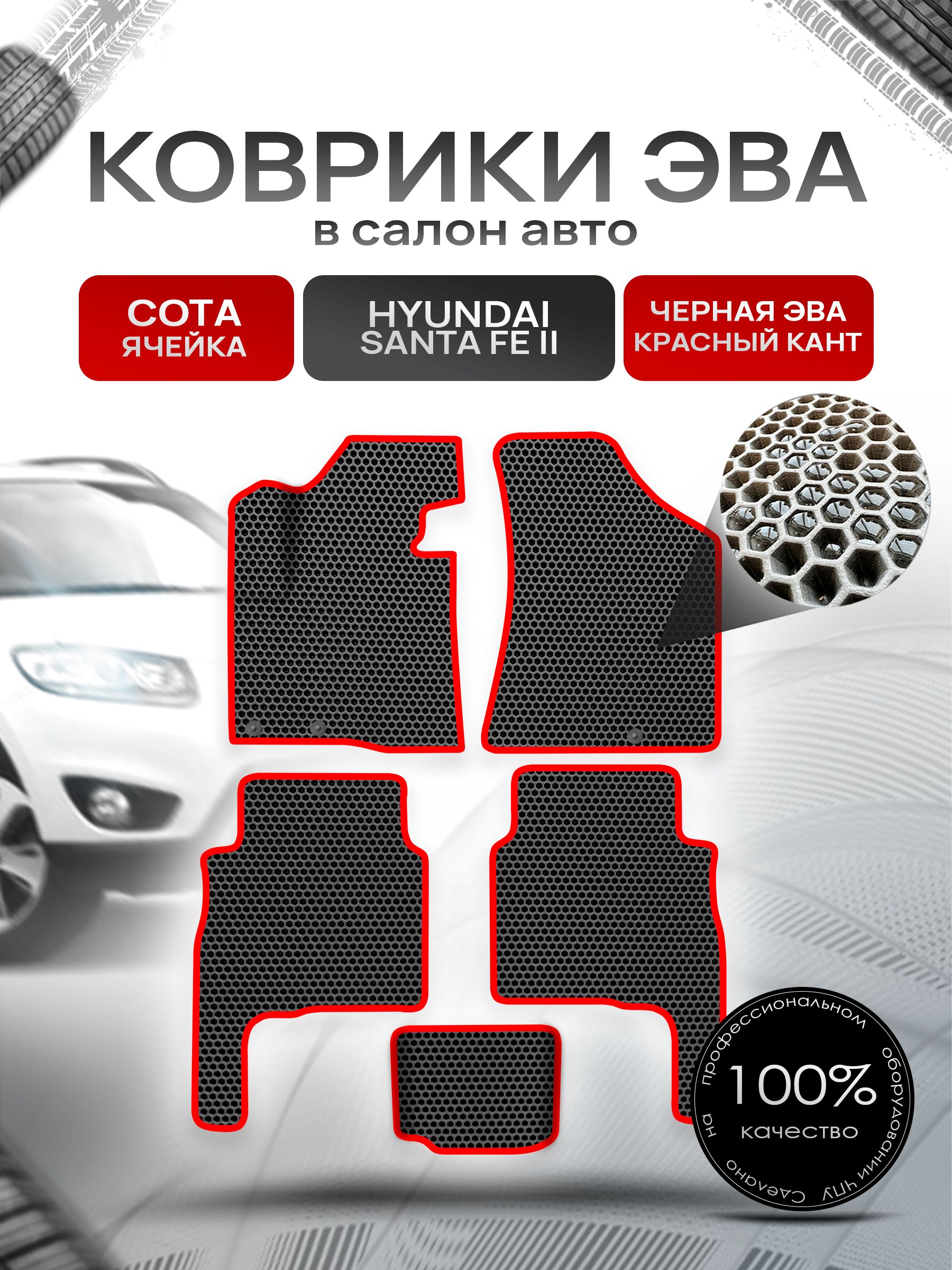 Коврики ЭВА СОТА для авто Хюндай Санта фе / Hyundai Santa Fe 2010-2012 Г.В. Чёрный с Красным кантом. Ричмарк — фото 1