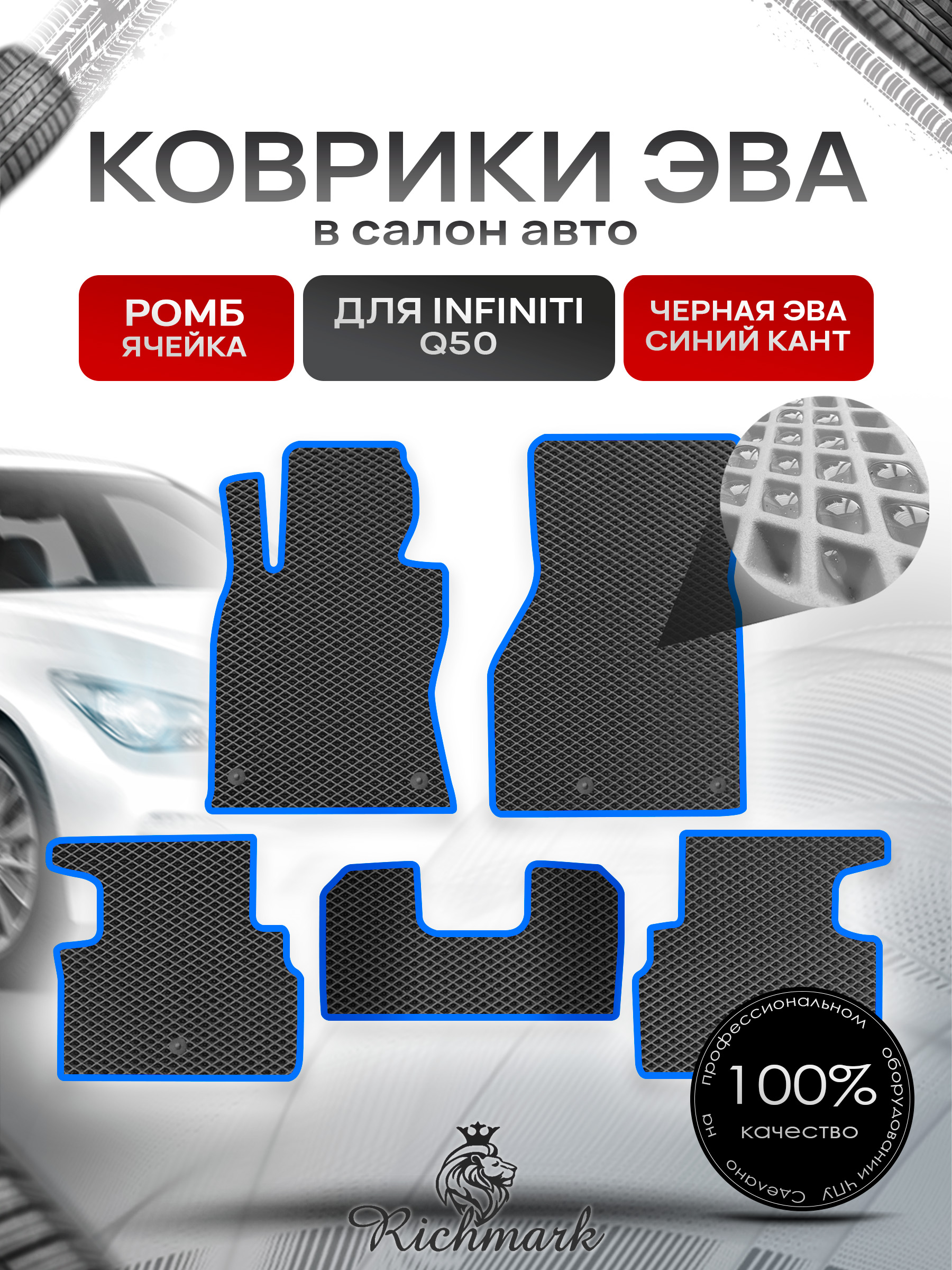 Коврики ЭВА РОМБ для автомобиля Infiniti Q50 2013+ / Инфинити Чёрный С Синим Кантом. Ричмарк — фото 1