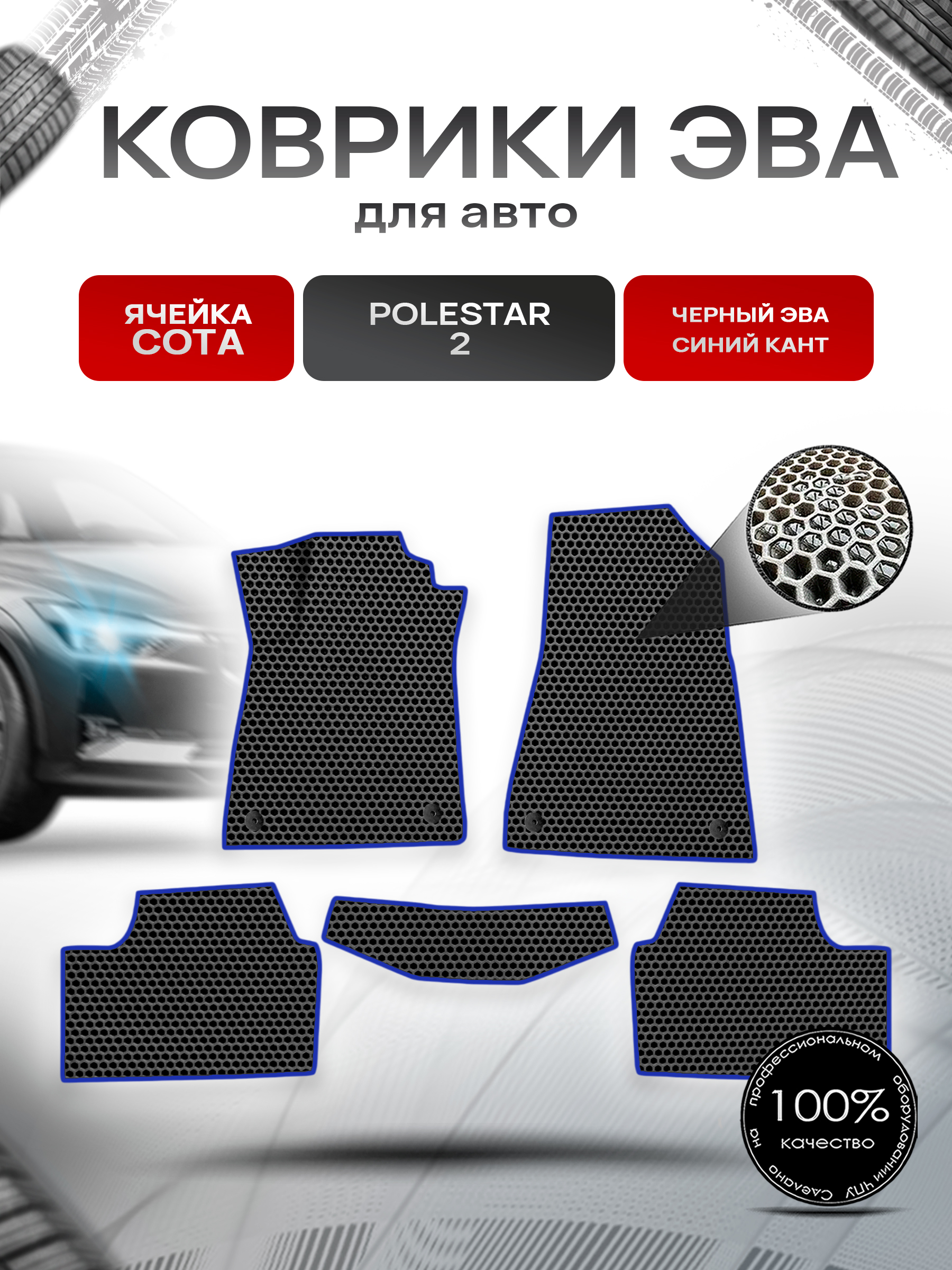 Коврики ЭВА СОТА для авто Polestar 2 / Полестар 2 2020+ Чёрный с Синим кантом. Ричмарк — фото 1