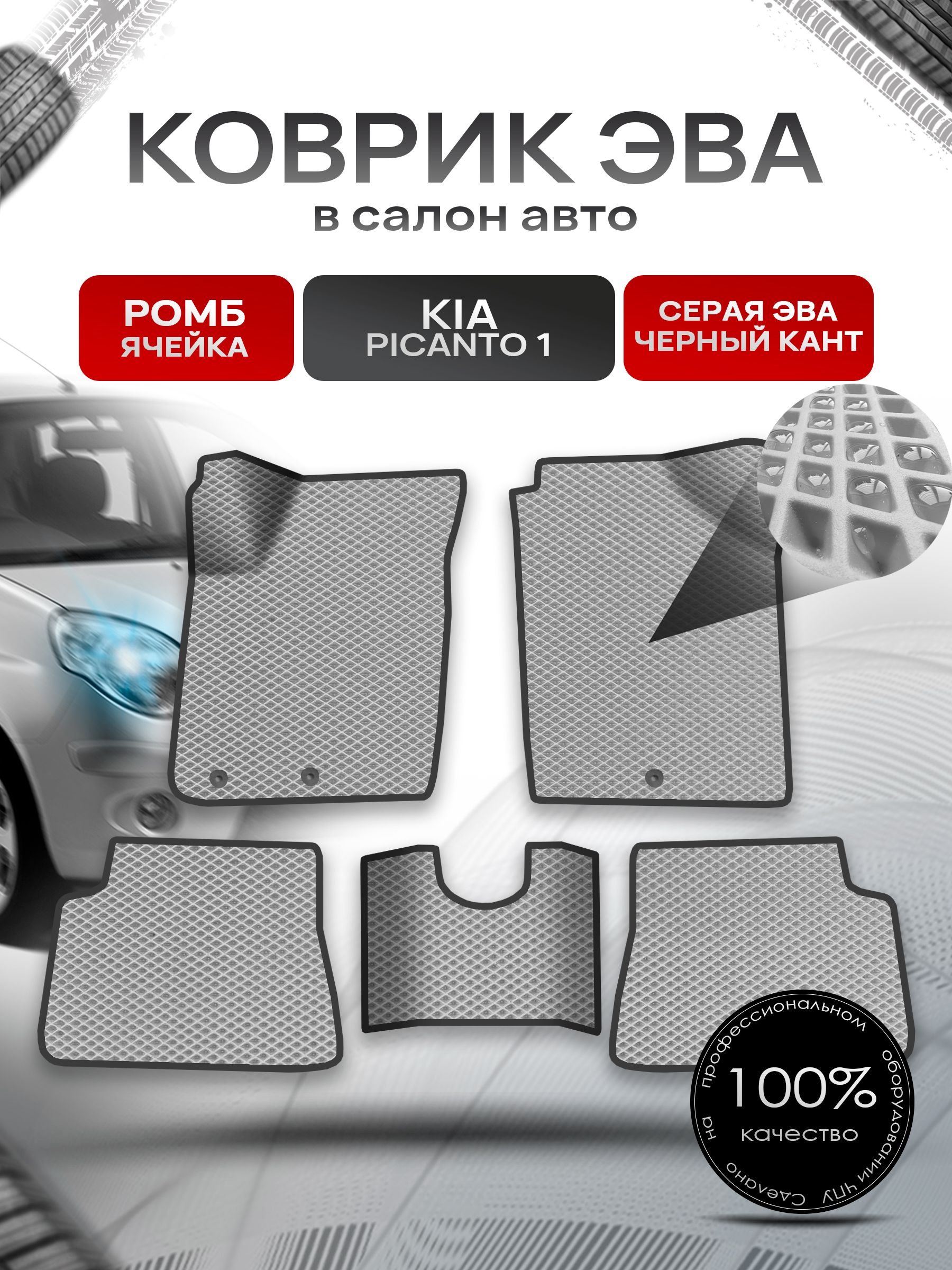Коврики ЭВА Ромб для авто Kia Picanto 1 / Киа Пиканто 1 2004 - 2011 Серый с Чёрным кантом. Ричмарк — фото 1